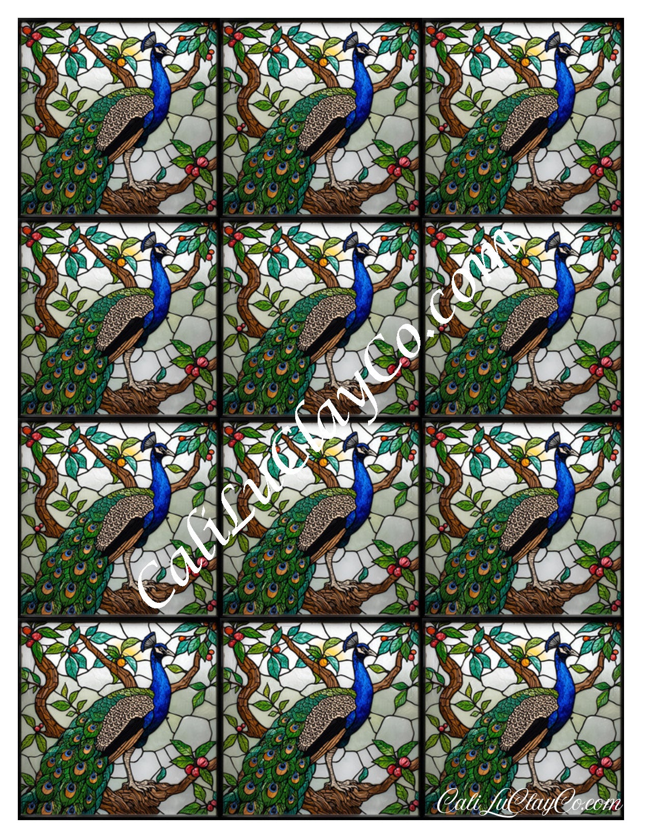 Peacock in Tree Pattern Multi Size (Left & Right) Polymer Clay Water-Soluble Transfer Sheet / Tattoo Paper