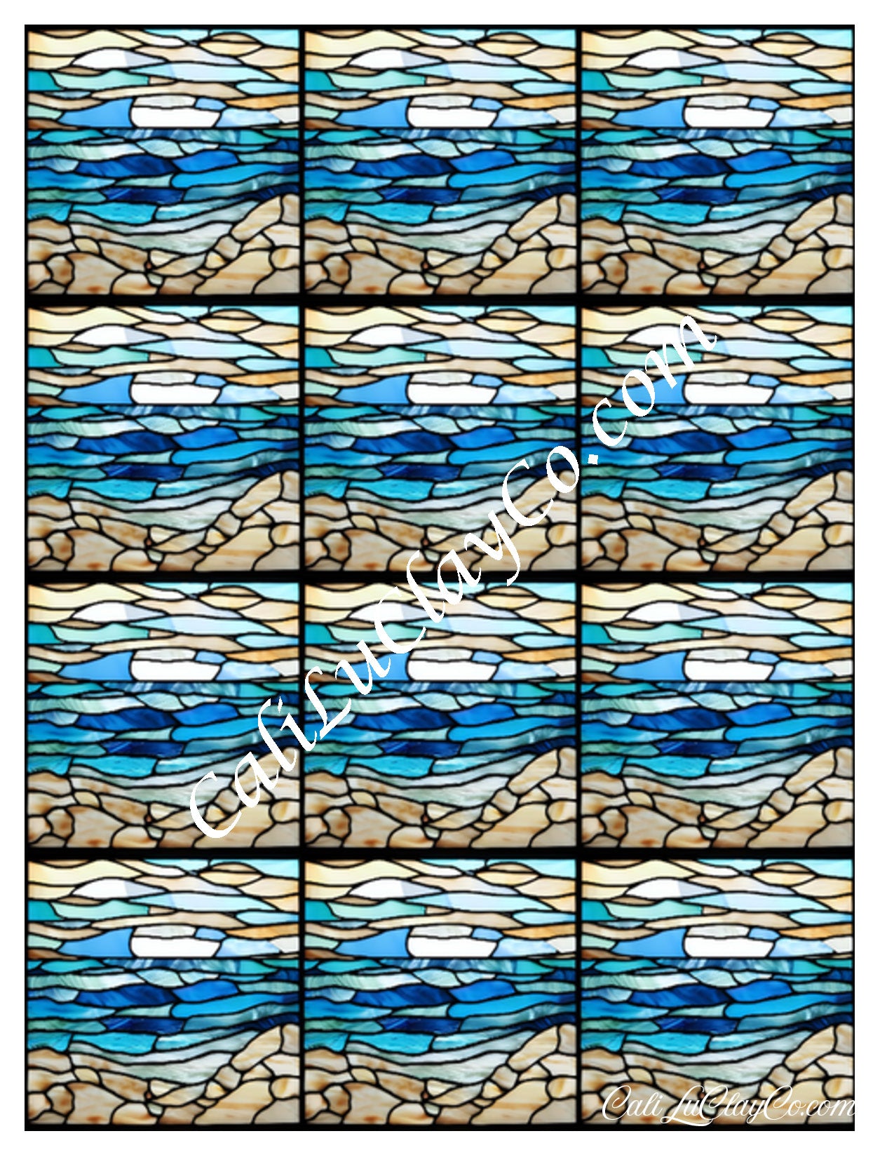 Simple Beach #2 Stained Glass Multi Pattern (Left & Right) Polymer Clay Water-Soluble Transfer Sheet / Tattoo Paper