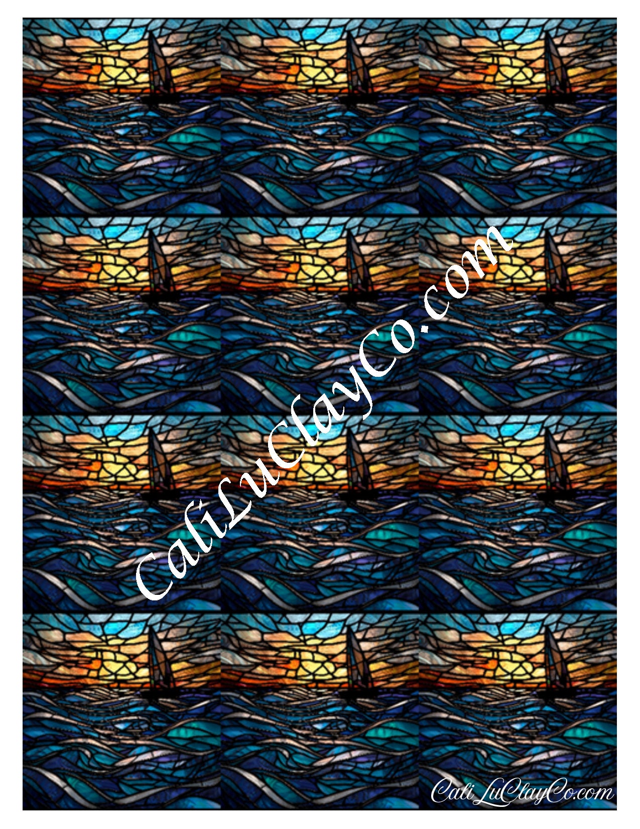Dark Ocean Sunset Stained Glass Multi Pattern (Left & Right) Polymer Clay Water-Soluble Transfer Sheet / Tattoo Paper