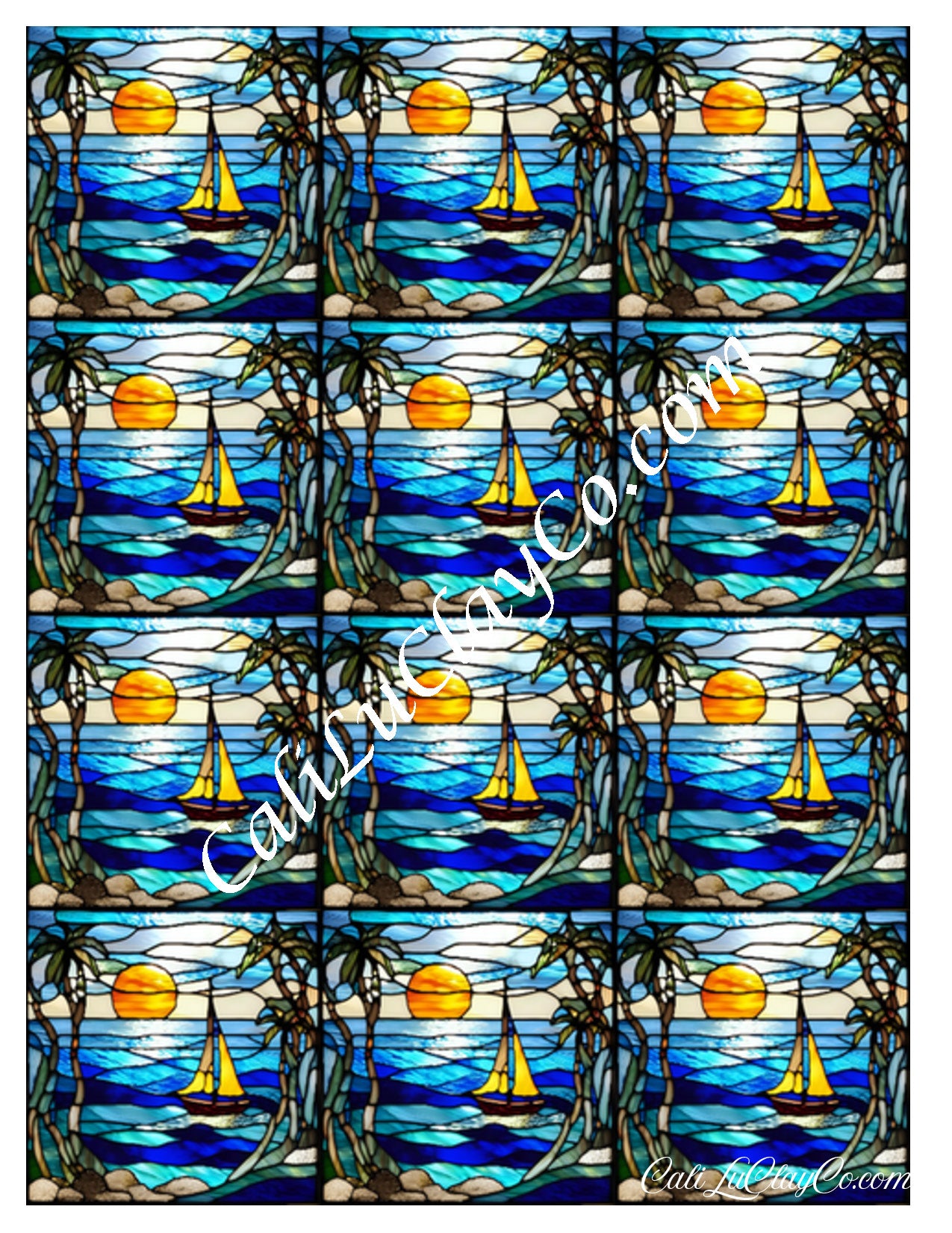 Tropical Sunset Sail Stained Glass Multi Pattern (Left & Right) Polymer Clay Water-Soluble Transfer Sheet / Tattoo Paper