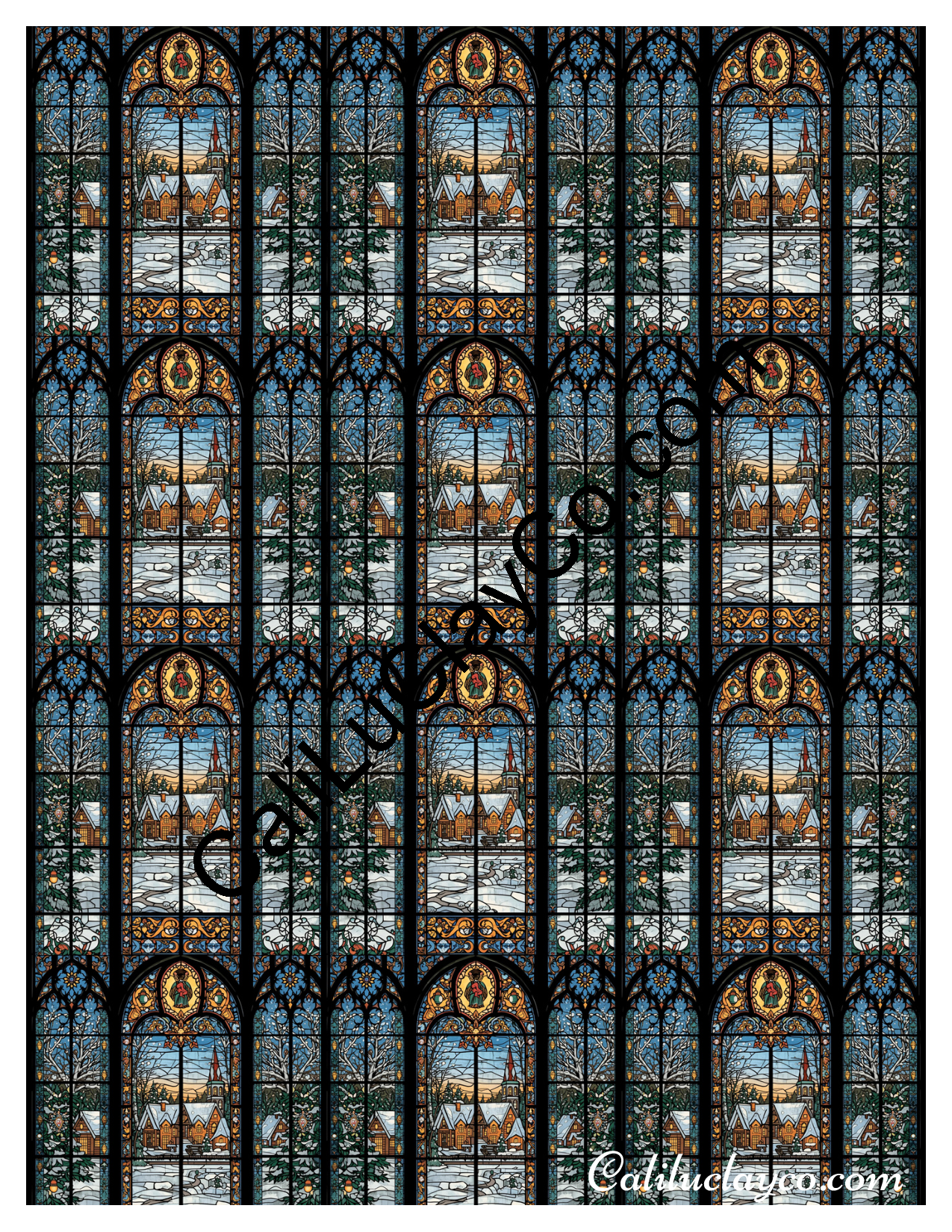 Stained Glass Christmas Scene MULTI X12 Left & Right Polymer Clay Water-Soluble Transfer Sheet / Tattoo Paper