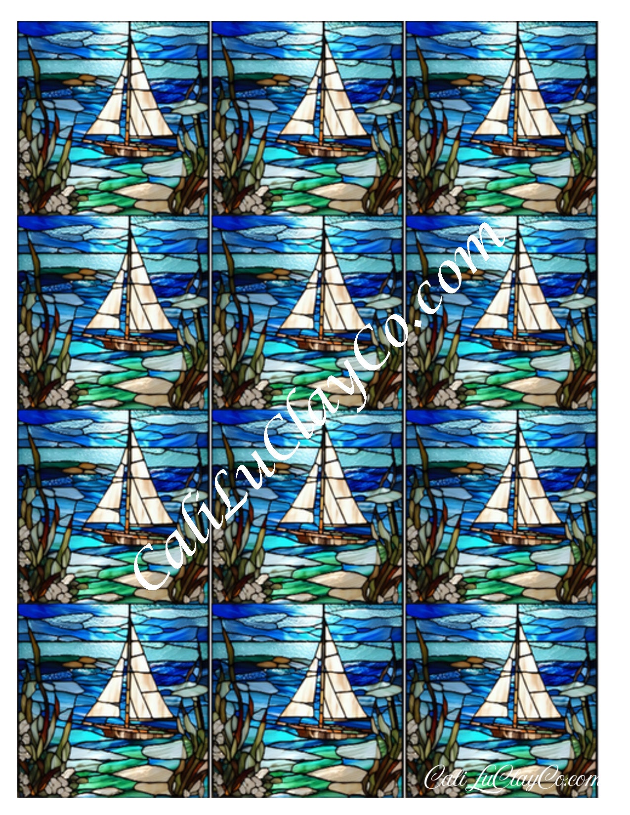 Peaceful Afternoon Sailing Stained Glass Multi Pattern (Left & Right) Polymer Clay Water-Soluble Transfer Sheet / Tattoo Paper