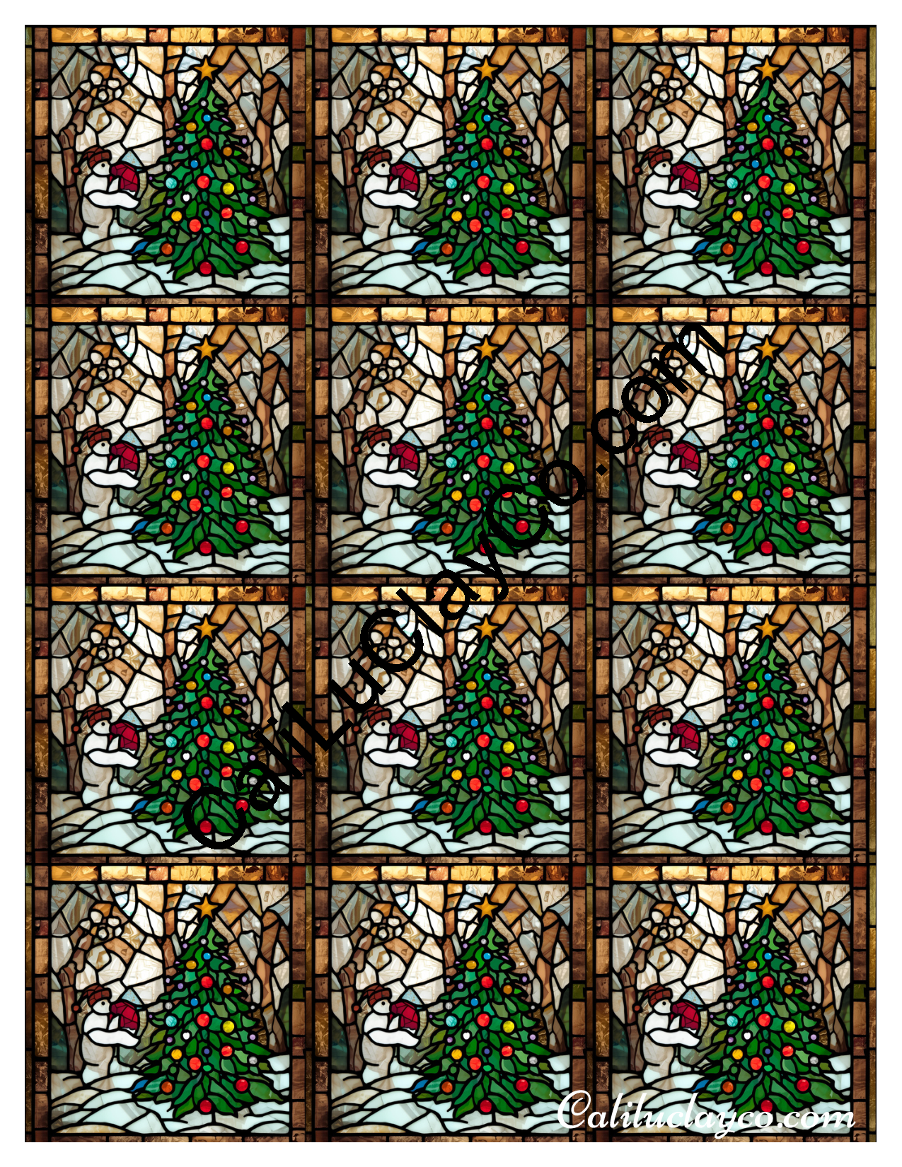 Snowman with Christmas Tree Stained Glass MULTI Left & Right Polymer Clay Water-Soluble Transfer Sheet / Tattoo Paper