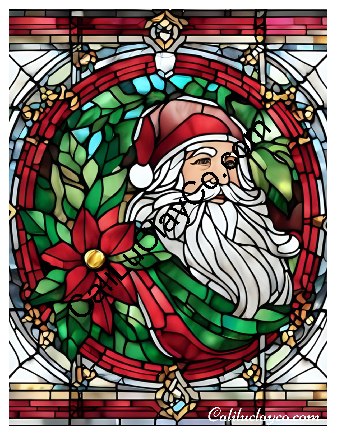 Santa with Poinsettia Stained Glass LARGE Left & Right Polymer Clay Water-Soluble Transfer Sheet / Tattoo Paper