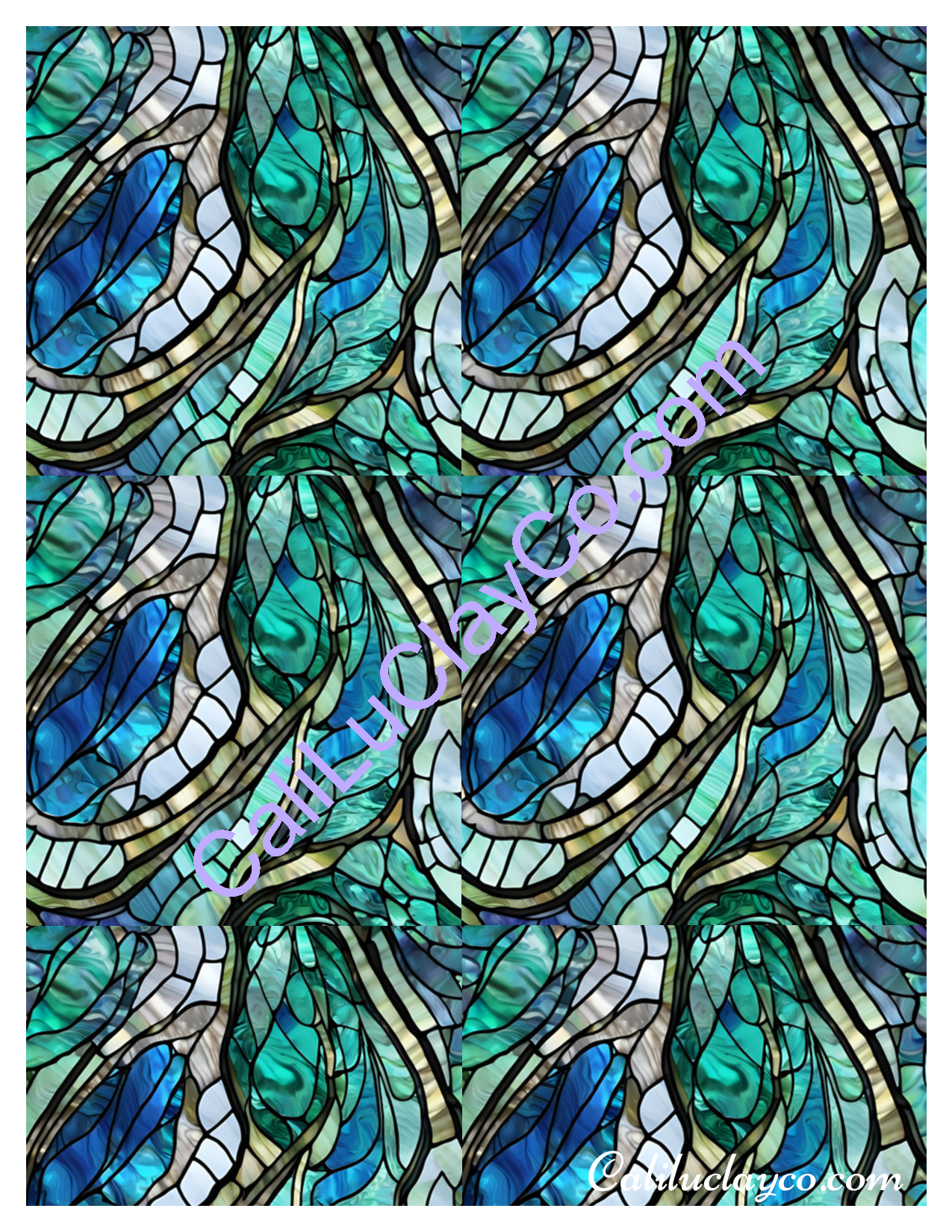 Teal Stained Glass #4 Mirrored Left & Right Polymer Clay Water-Soluble Transfer Sheet / Tattoo Paper