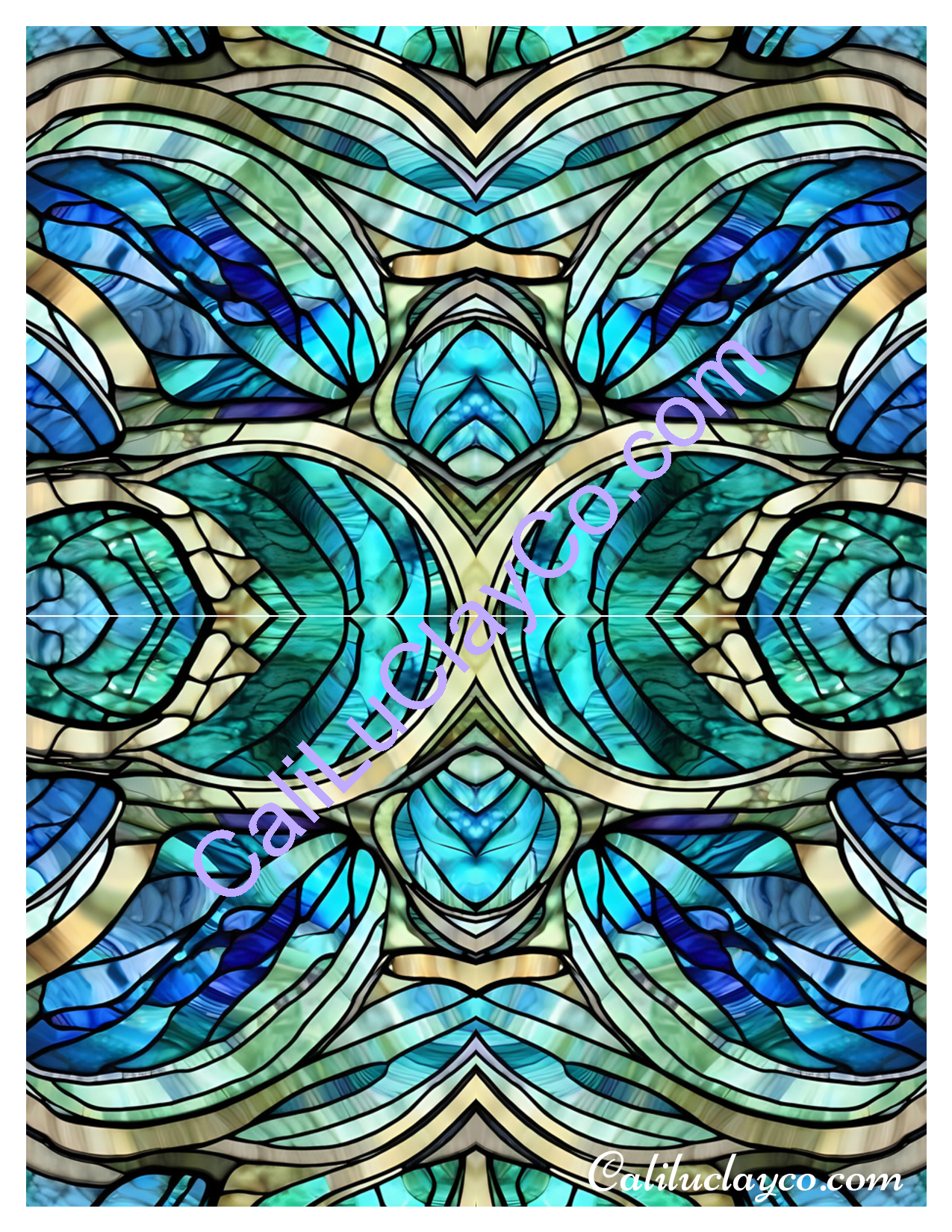 Teal Stained Glass #11 Mirrored Polymer Clay Water-Soluble Transfer Sheet / Tattoo Paper