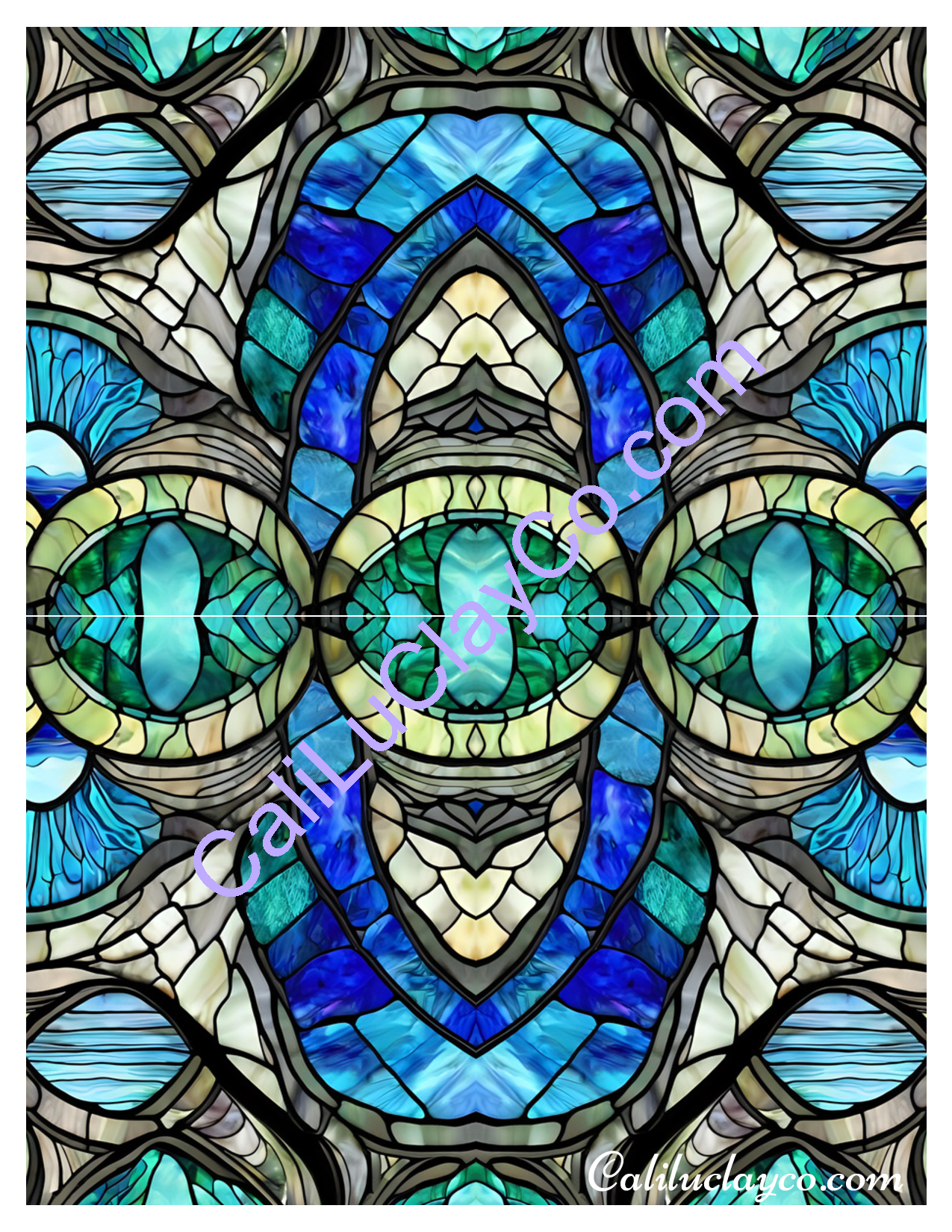 Teal Stained Glass #12 Mirrored Polymer Clay Water-Soluble Transfer Sheet / Tattoo Paper