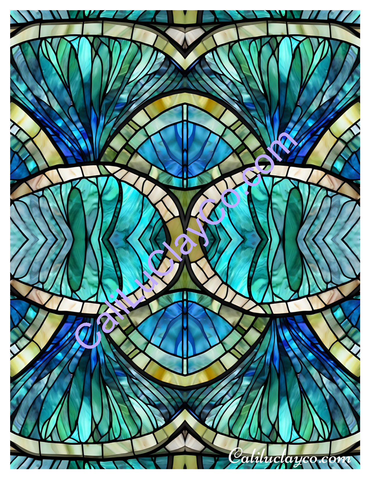 Teal Stained Glass #13 Mirrored Polymer Clay Water-Soluble Transfer Sheet / Tattoo Paper