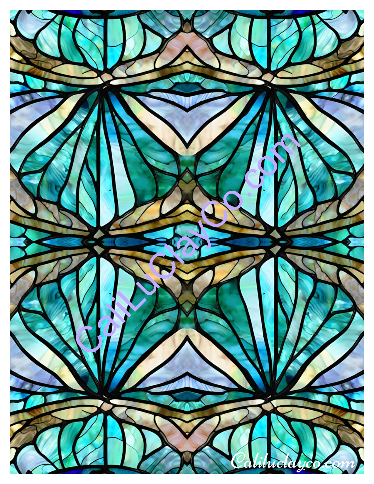 Teal Stained Glass #16 Mirrored Polymer Clay Water-Soluble Transfer Sheet / Tattoo Paper