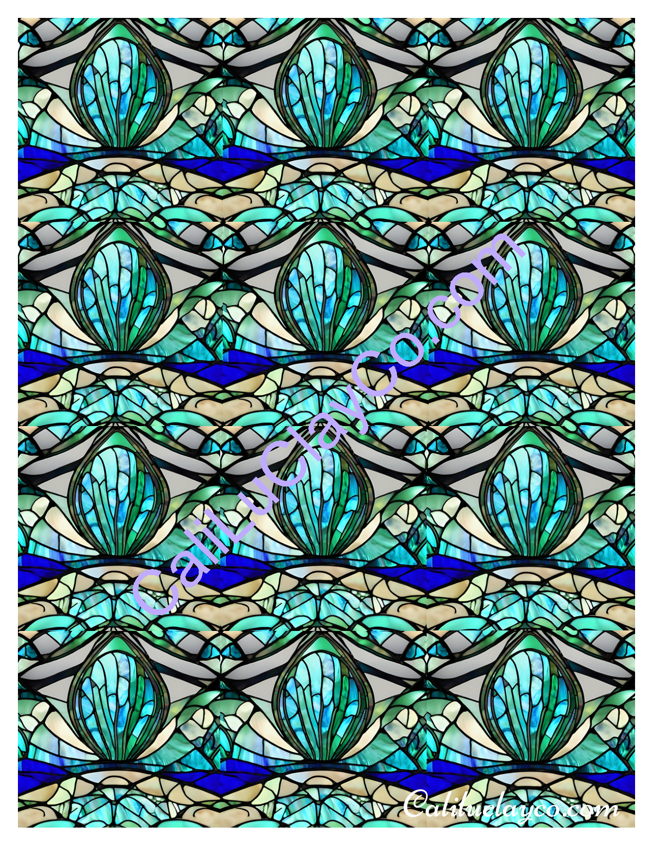 Teal Stained Glass #17 MULTI Pattern Polymer Clay Water-Soluble Transfer Sheet / Tattoo Paper