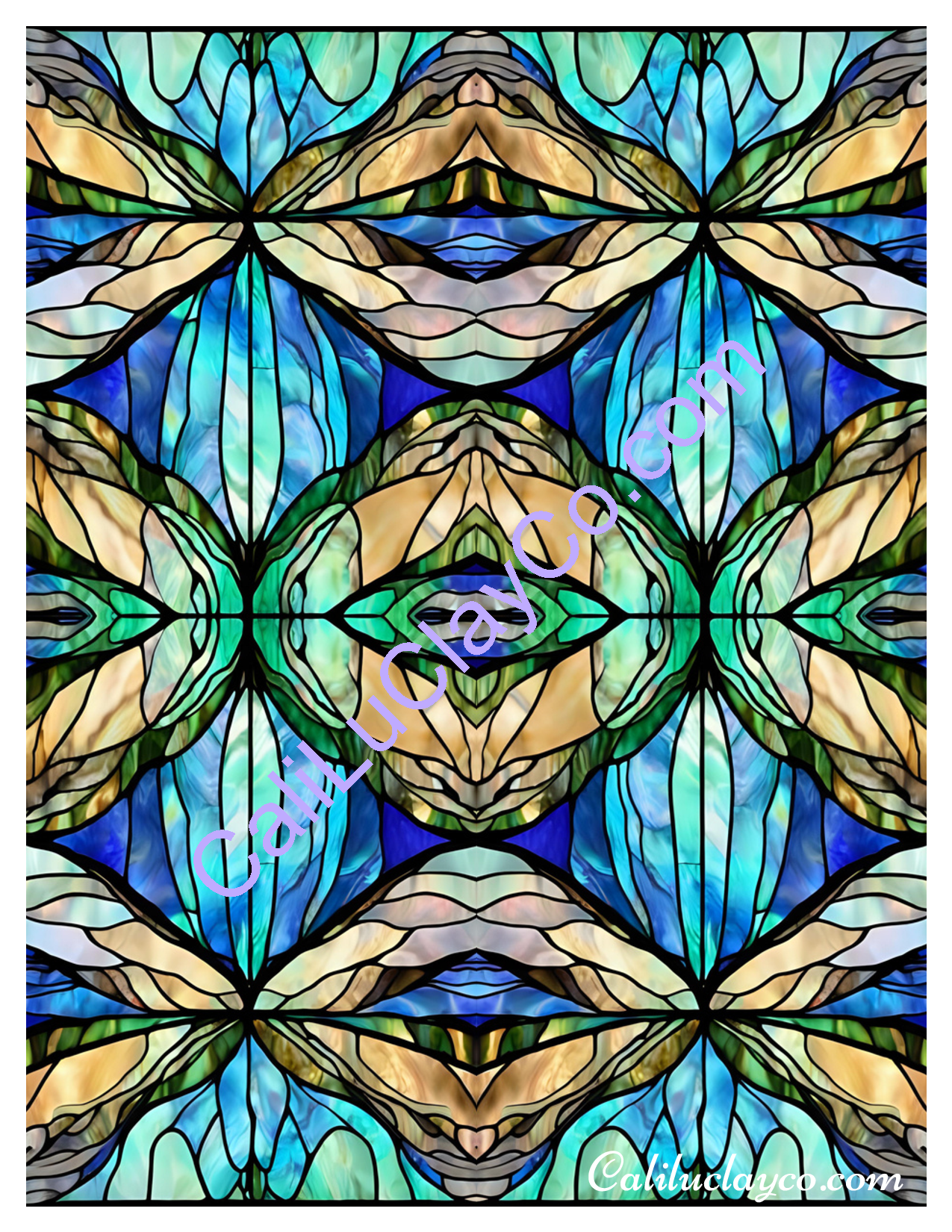 Teal Stained Glass #18 Mirrored Pattern Polymer Clay Water-Soluble Transfer Sheet / Tattoo Paper