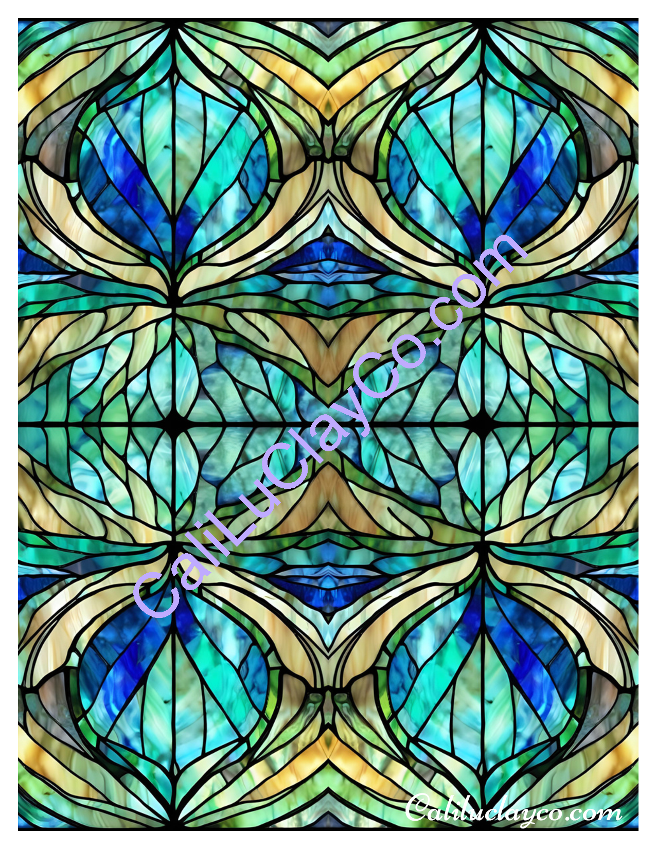 Teal Stained Glass #19 Mirrored Pattern Polymer Clay Water-Soluble Transfer Sheet / Tattoo Paper
