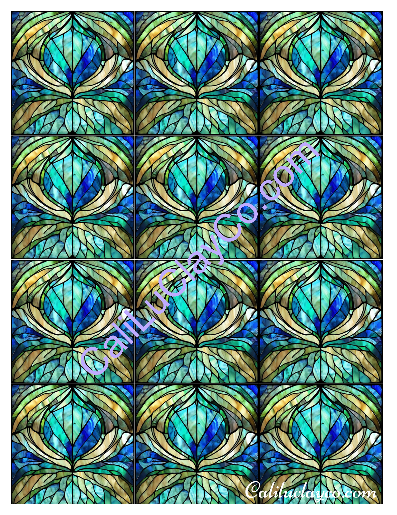 Teal Stained Glass #19 MULTI Pattern Polymer Clay Water-Soluble Transfer Sheet / Tattoo Paper