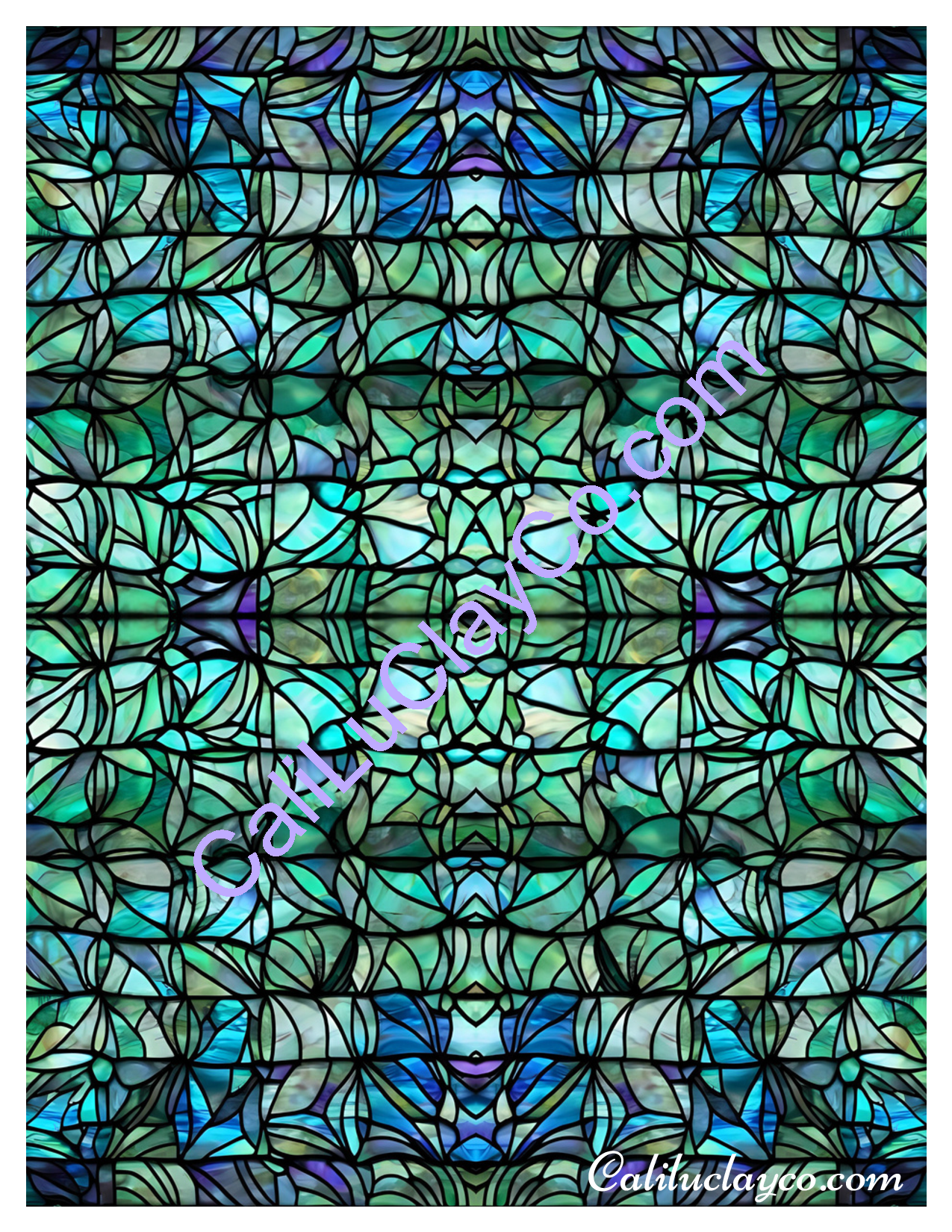 Teal Stained Glass Pattern #20 Mirrored Polymer Clay Water-Soluble Transfer Sheet / Tattoo Paper