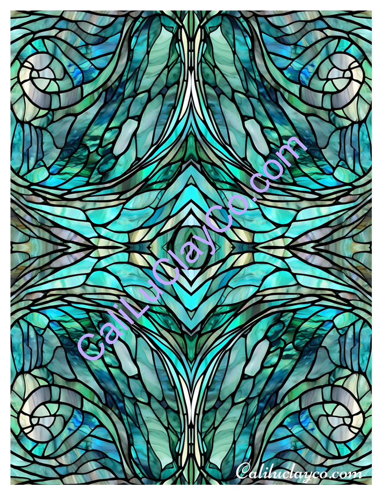 Teal Stained Glass Pattern #23 Mirrored Version #1 Polymer Clay Water-Soluble Transfer Sheet / Tattoo Paper