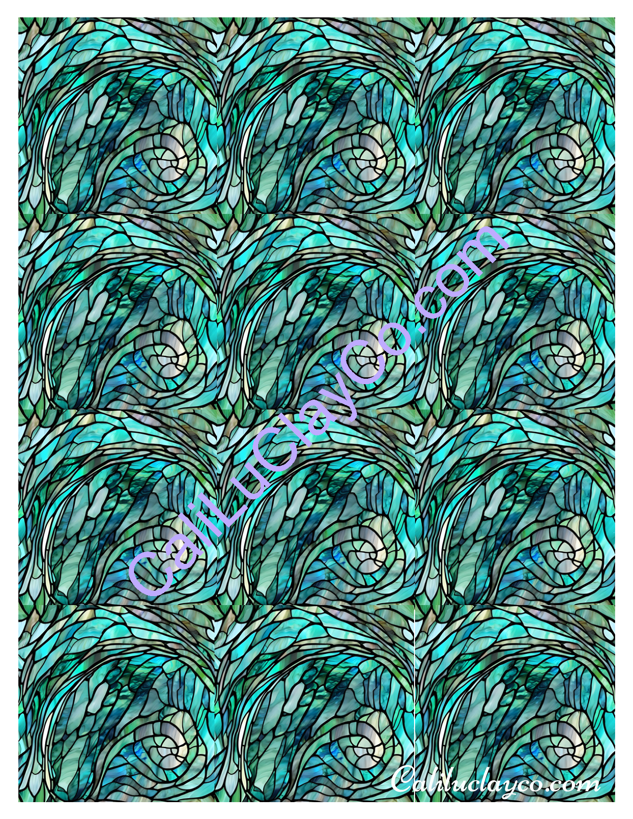 Teal Stained Glass Pattern #23 MULTI Left & Right Polymer Clay Water-Soluble Transfer Sheet / Tattoo Paper