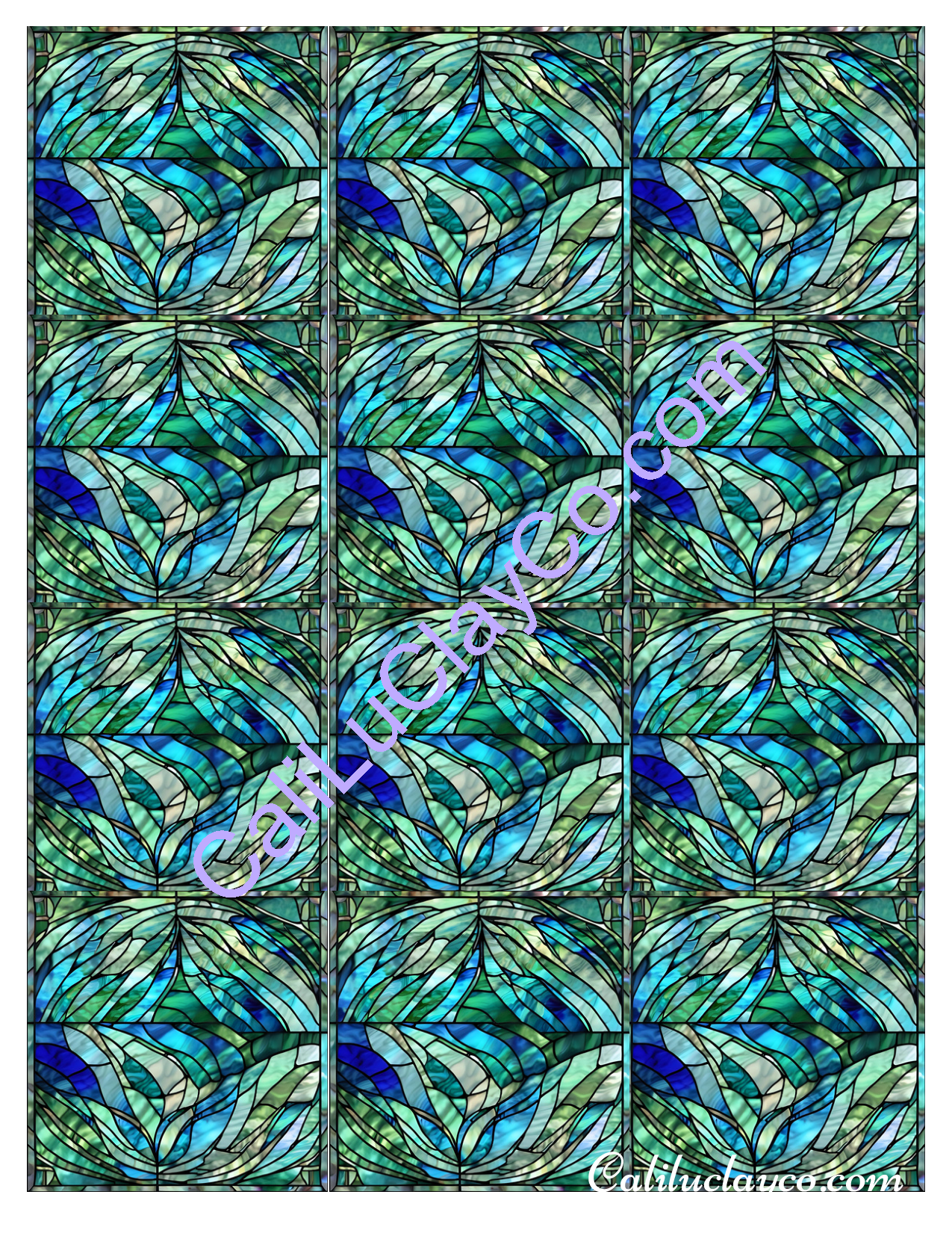 Teal Stained Glass Pattern #27 MULTI Left & Right Polymer Clay Water-Soluble Transfer Sheet / Tattoo Paper
