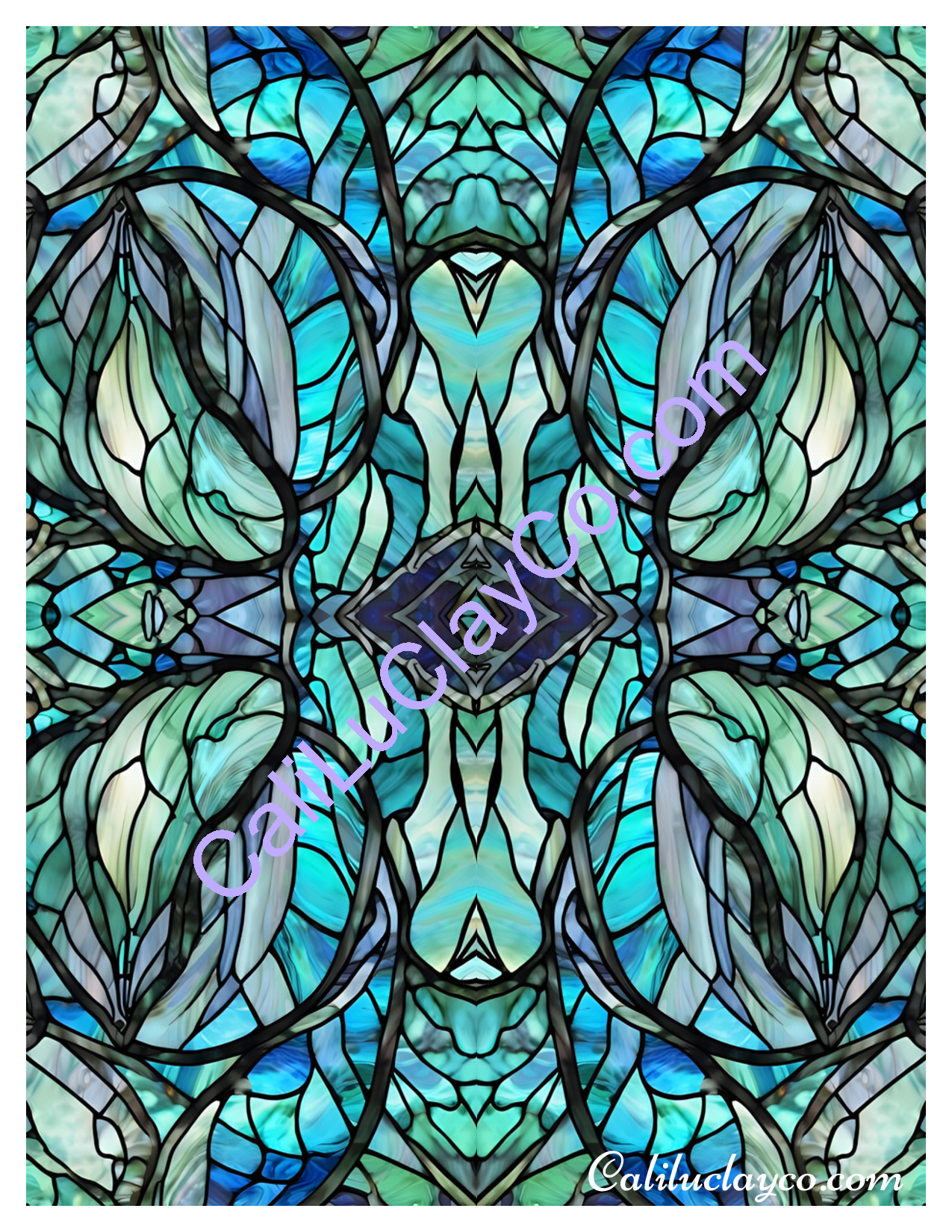 Teal Stained Glass Pattern #28 Mirrored Version #1 Polymer Clay Water-Soluble Transfer Sheet / Tattoo Paper
