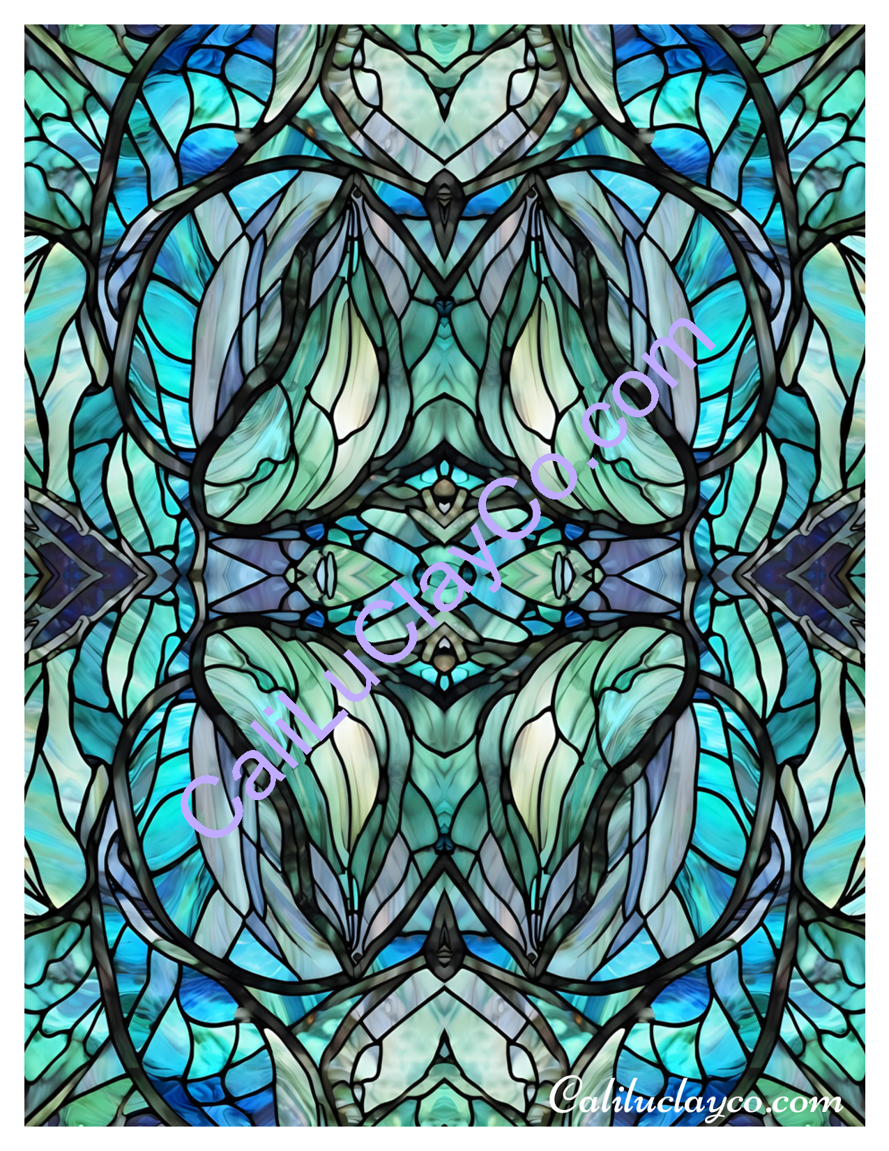 Teal Stained Glass Pattern #28 Mirrored Version #2 Polymer Clay Water-Soluble Transfer Sheet / Tattoo Paper