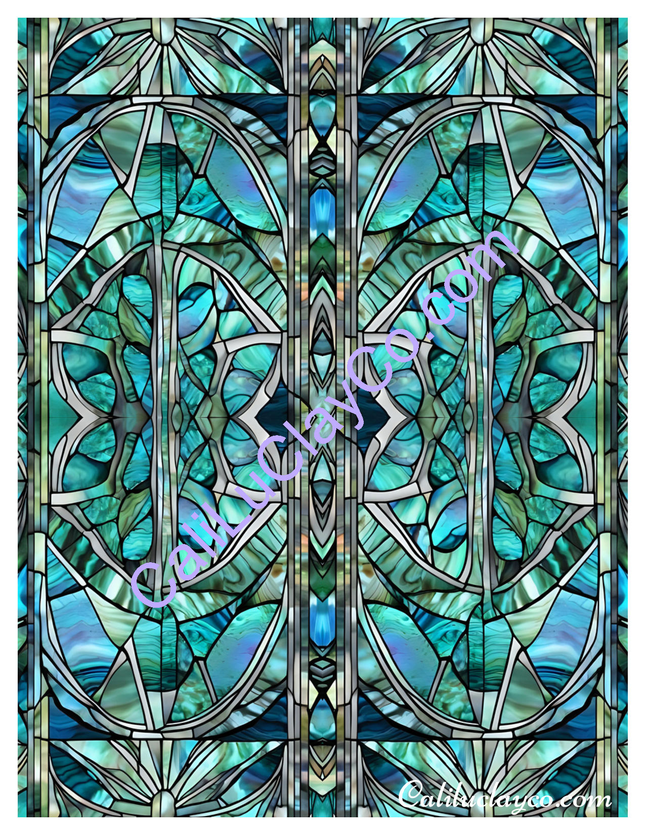 Teal Stained Glass Pattern #29 Mirrored Polymer Clay Water-Soluble Transfer Sheet / Tattoo Paper