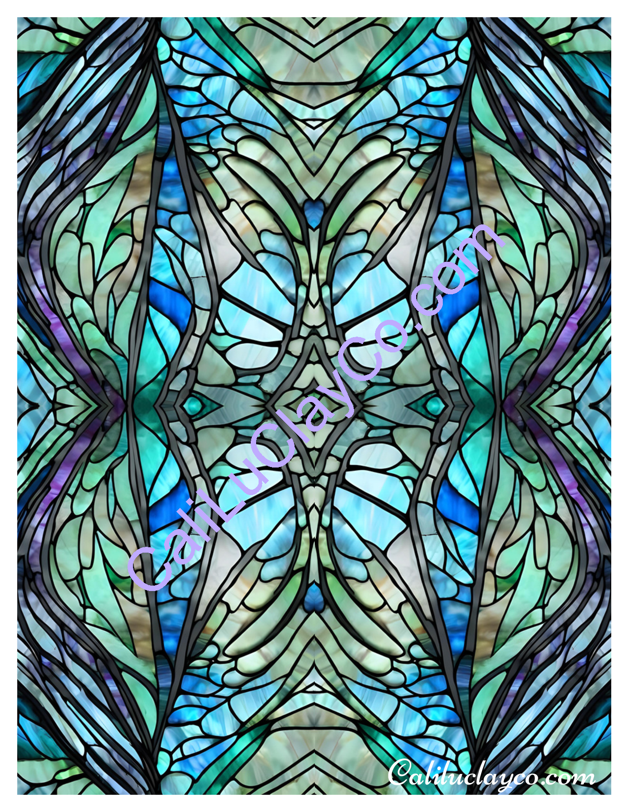 Teal Stained Glass Pattern #33 Mirrored Polymer Clay Water-Soluble Transfer Sheet / Tattoo Paper