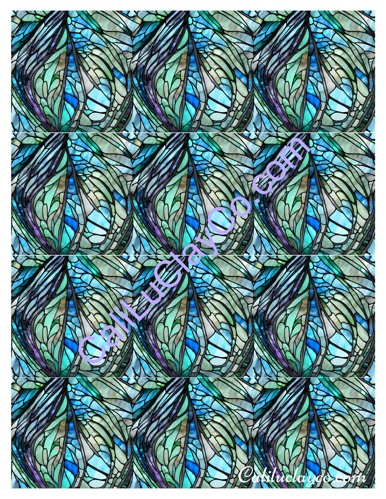 Teal Stained Glass Pattern #33 MULTI Left & Right Polymer Clay Water-Soluble Transfer Sheet / Tattoo Paper