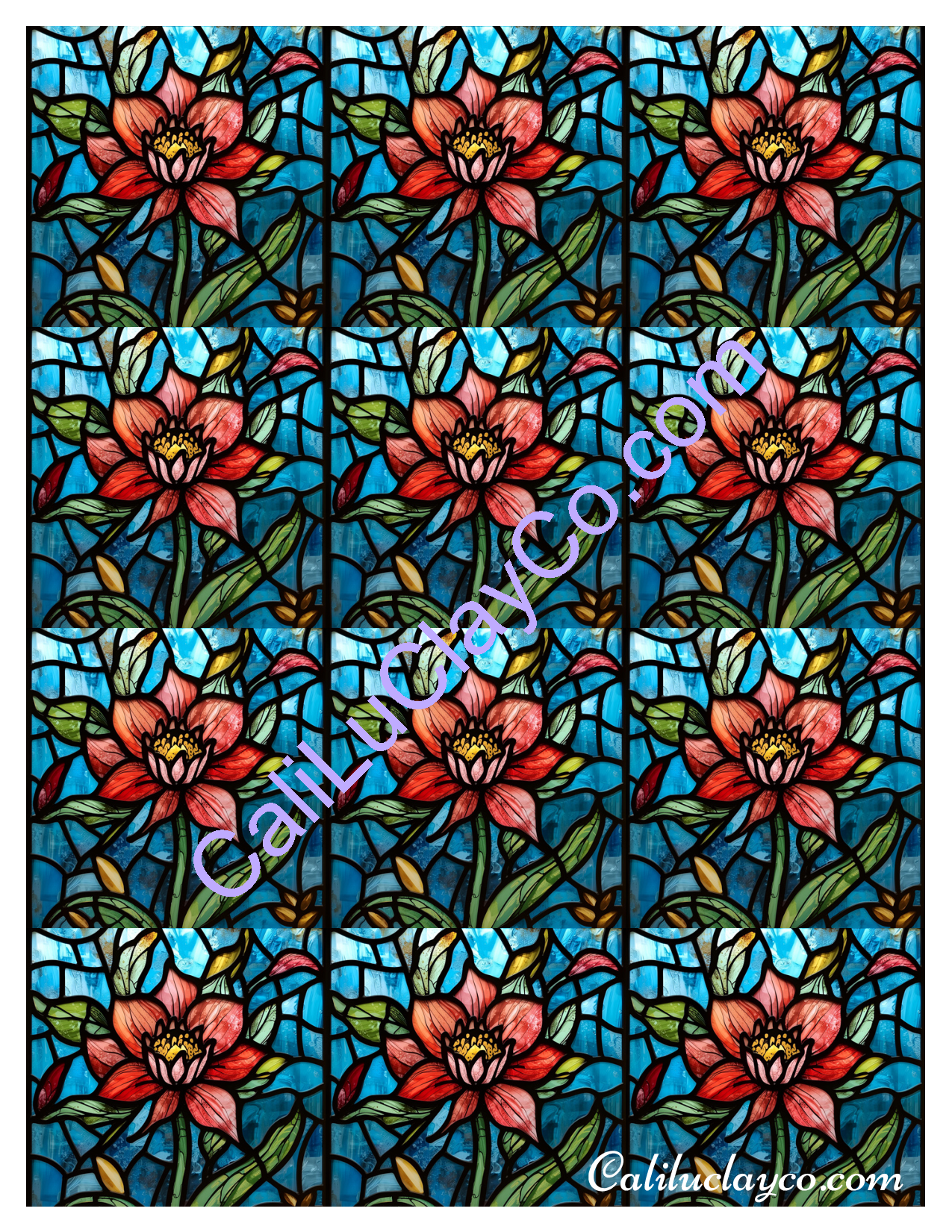 Floral Stained Glass #2 MULTI Left & Right Polymer Clay Water-Soluble Transfer Sheet / Tattoo Paper