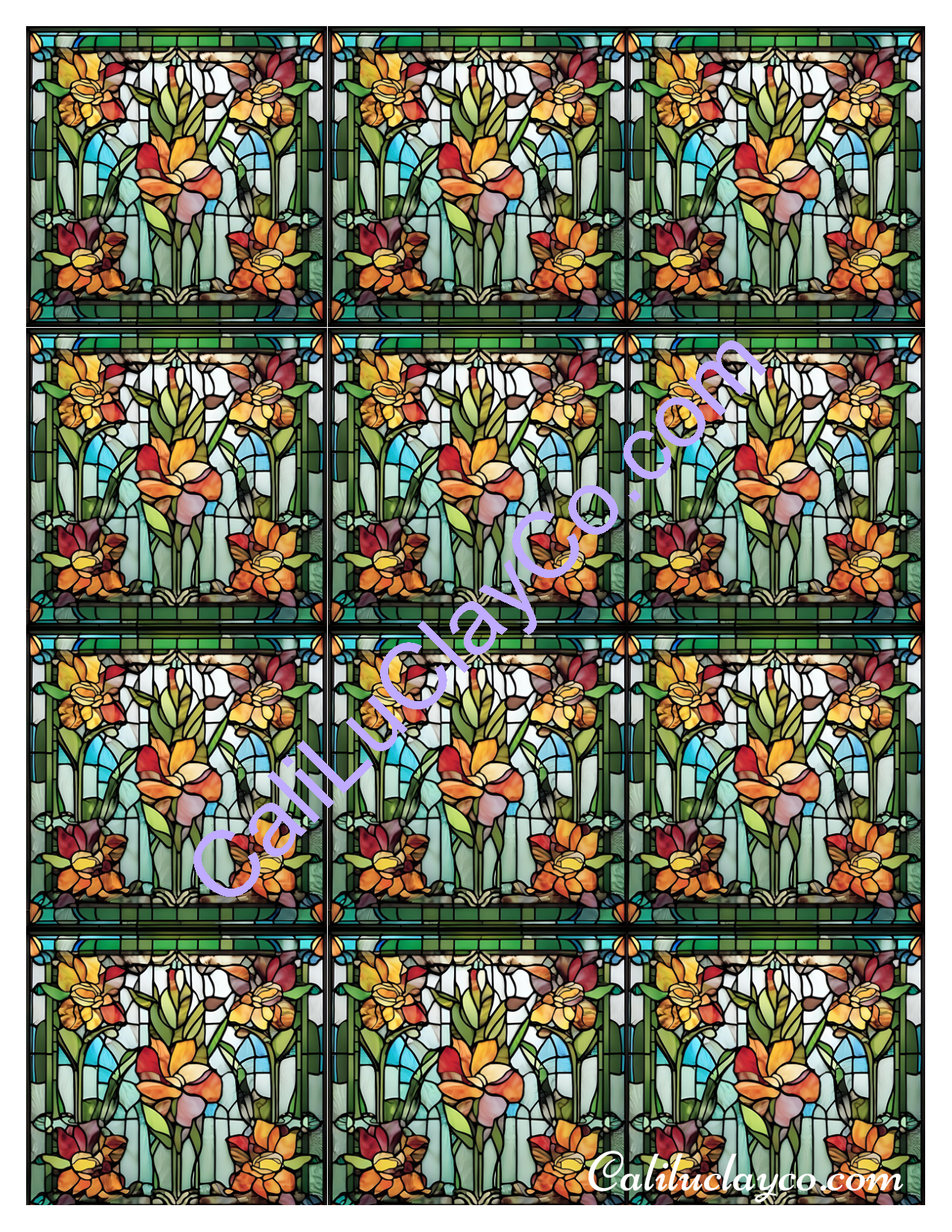 Floral Stained Glass #6 MULTI Left & Right Polymer Clay Water-Soluble Transfer Sheet / Tattoo Paper