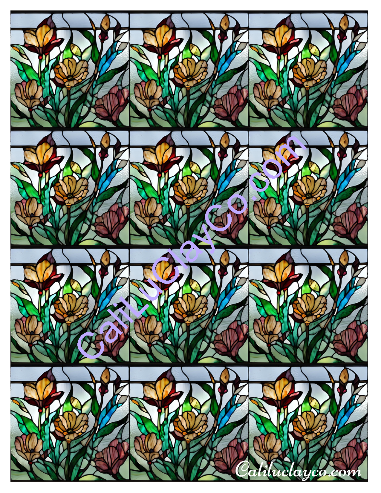 Floral Stained Glass #7 MULTI Left & Right Polymer Clay Water-Soluble Transfer Sheet / Tattoo Paper