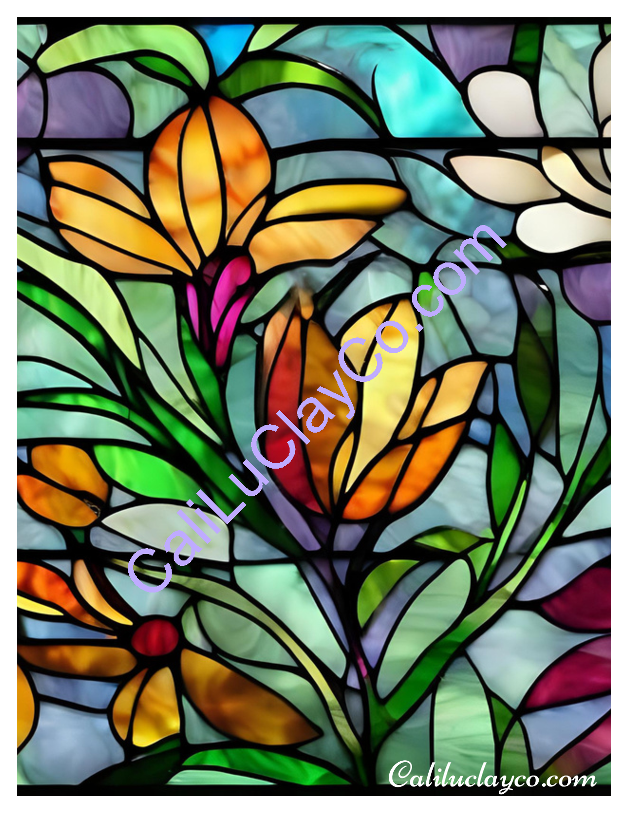 Floral Stained Glass #11 Left & Right Polymer Clay Water-Soluble Transfer Sheet / Tattoo Paper