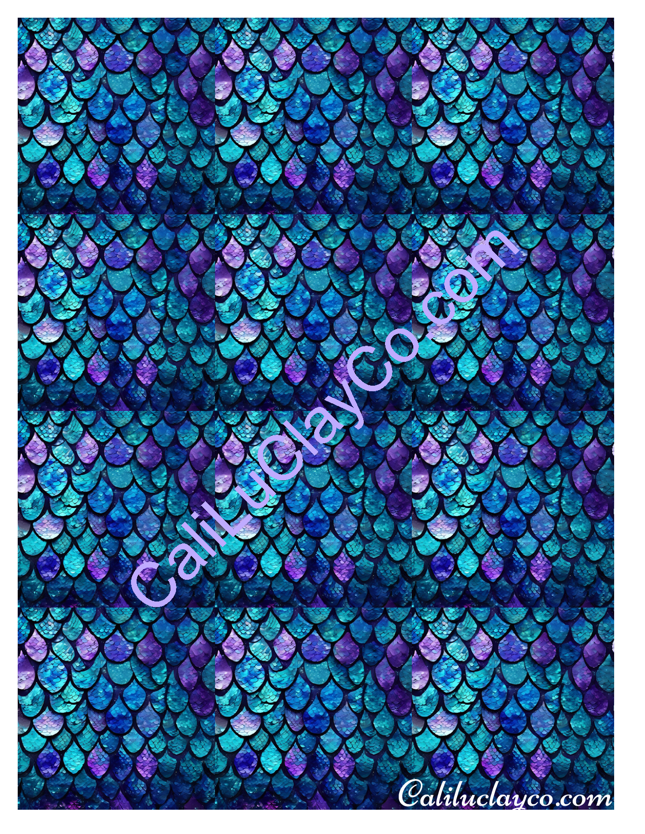 Teal & Purple Mermaid Scales #5 Large & Multi x12 Polymer Clay Water-Soluble Transfer Sheet / Tattoo Paper