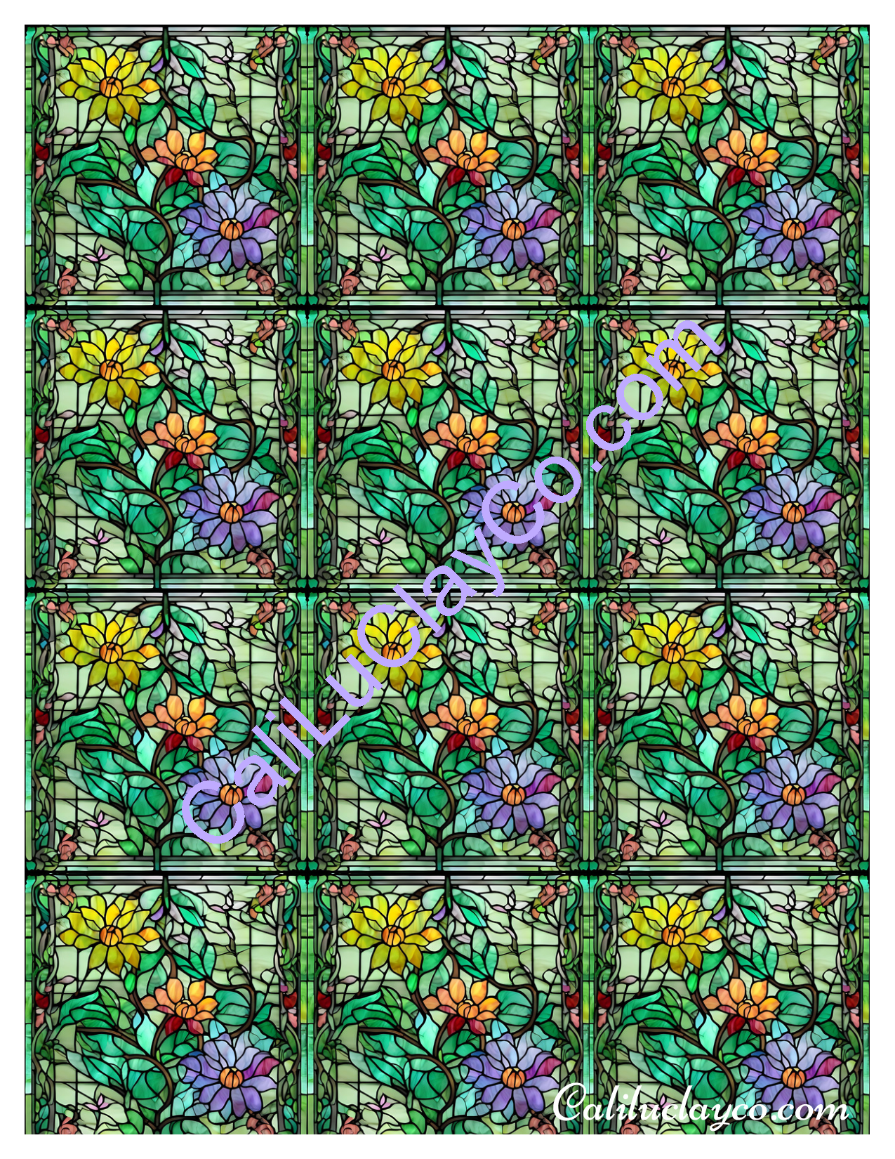 Floral Stained Glass #18 MULTI Left & Right Polymer Clay Water-Soluble Transfer Sheet / Tattoo Paper