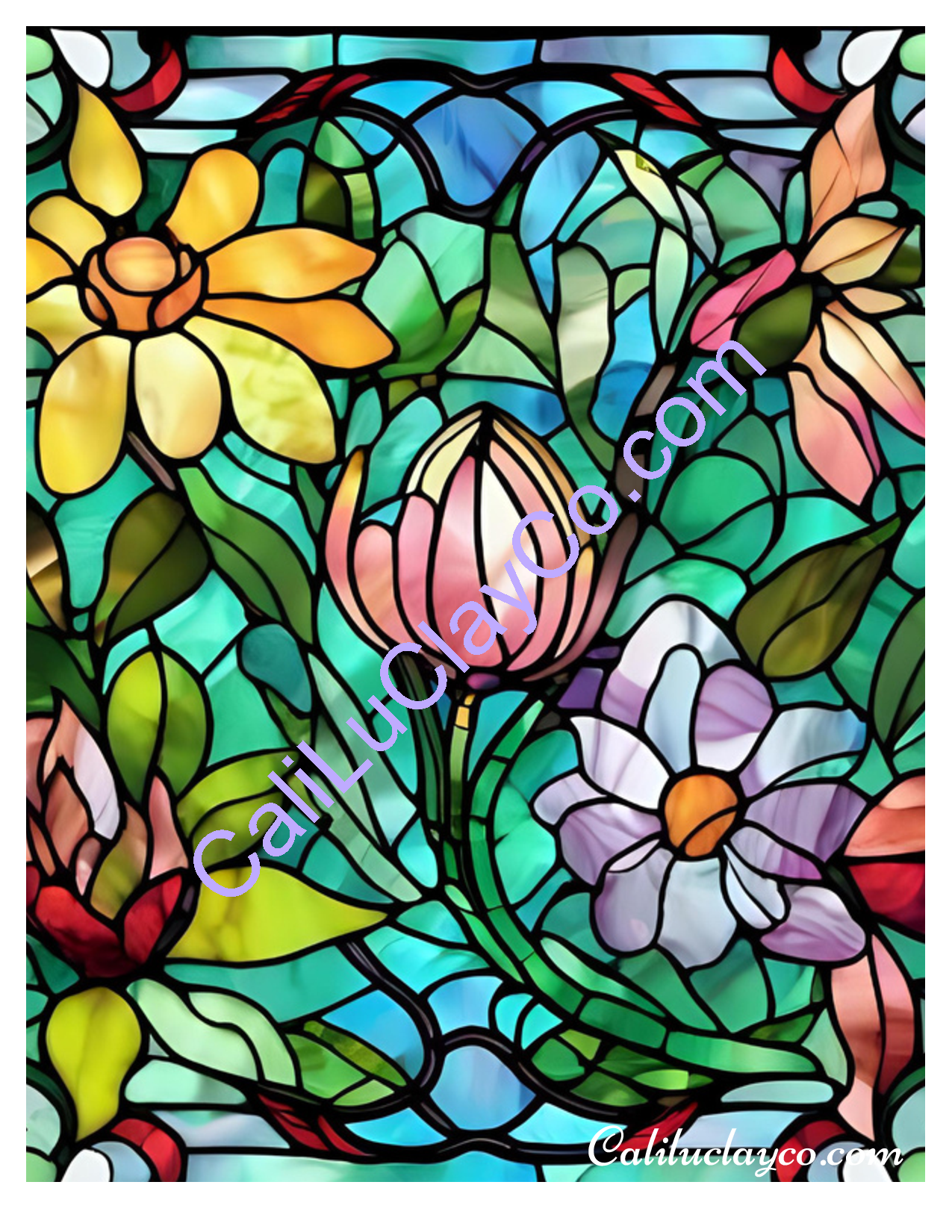 Floral Stained Glass #20 Left & Right Polymer Clay Water-Soluble Transfer Sheet / Tattoo Paper