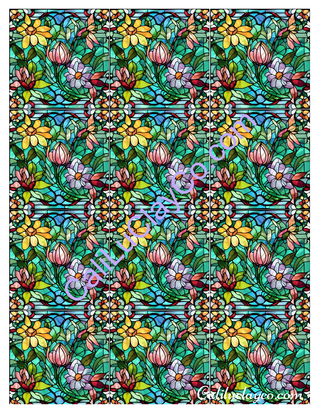 Floral Stained Glass #20 MULTI Left & Right Polymer Clay Water-Soluble Transfer Sheet / Tattoo Paper