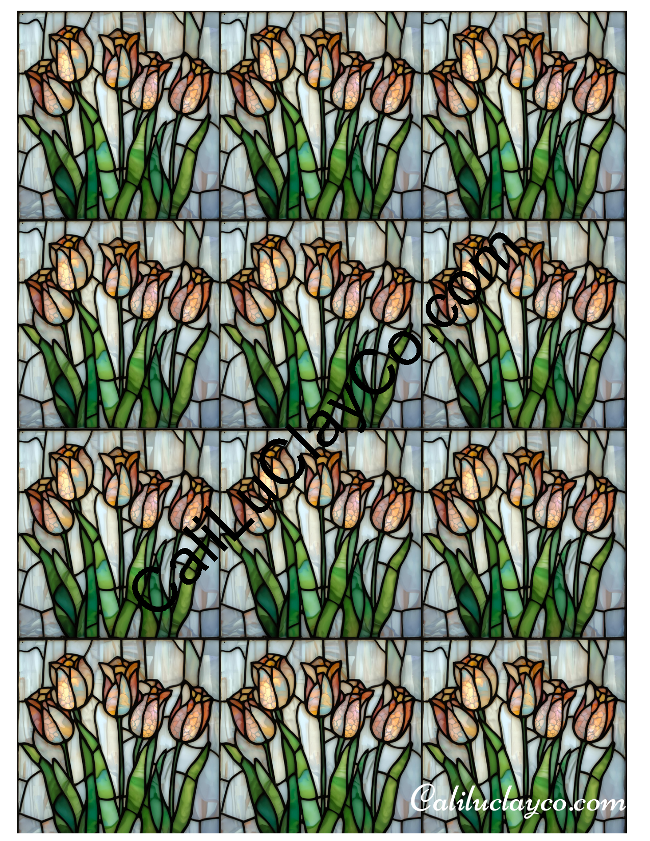Tulips Stained Glass #3 MULTI Left & Right Polymer Clay Water-Soluble Transfer Sheet / Tattoo Paper