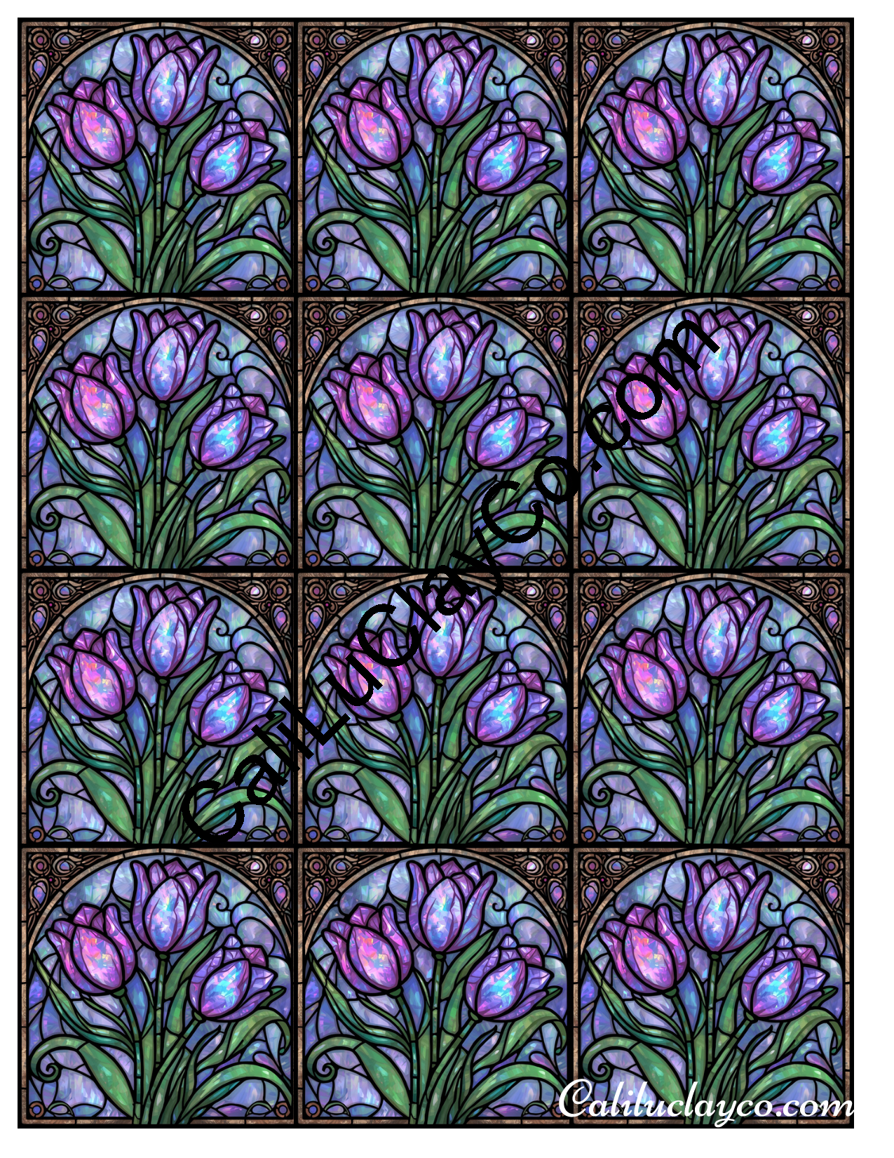 Tulips Stained Glass #15 Left & Right Polymer Clay Water-Soluble Transfer Sheet / Tattoo Paper