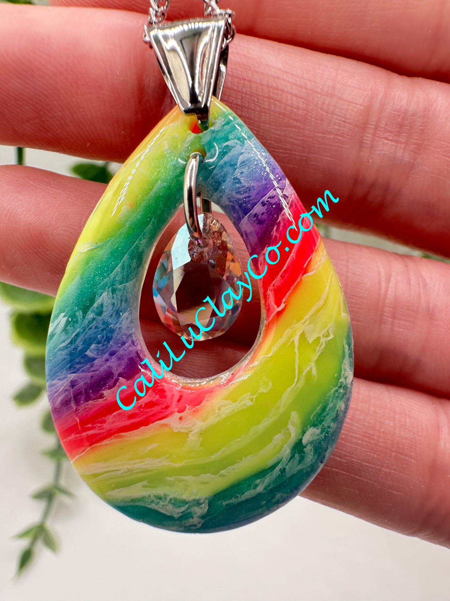 Neon Rainbow Teardrop Pendant with Swarovski Teardrop Necklace