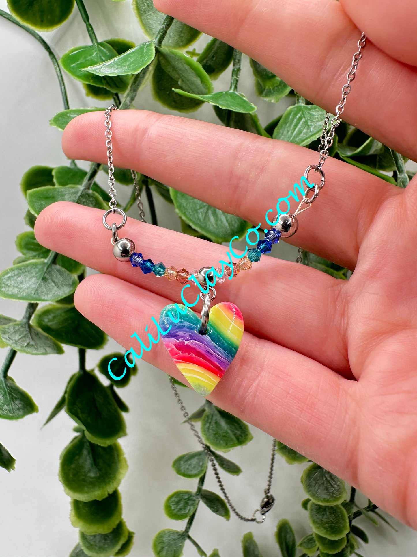 Rainbow Marbled Heart & Swarovski Crystals Necklace