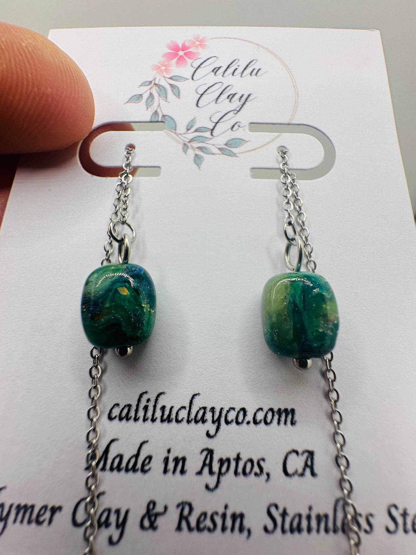 Silver Ear Thread Green Marbled Handmade Bead Dangles