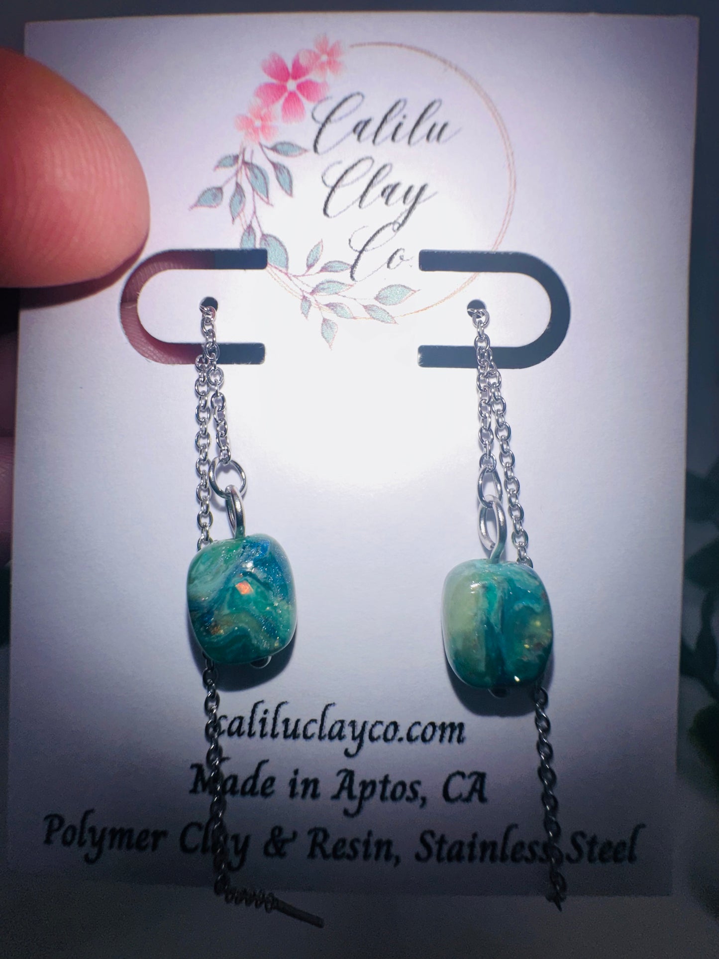 Silver Ear Thread Green Marbled Handmade Bead Dangles