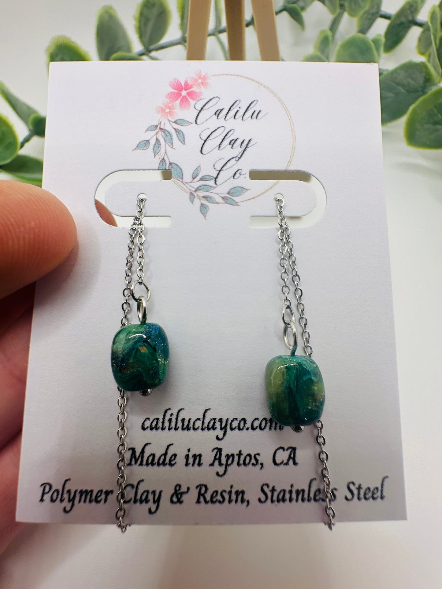Silver Ear Thread Green Marbled Handmade Bead Dangles
