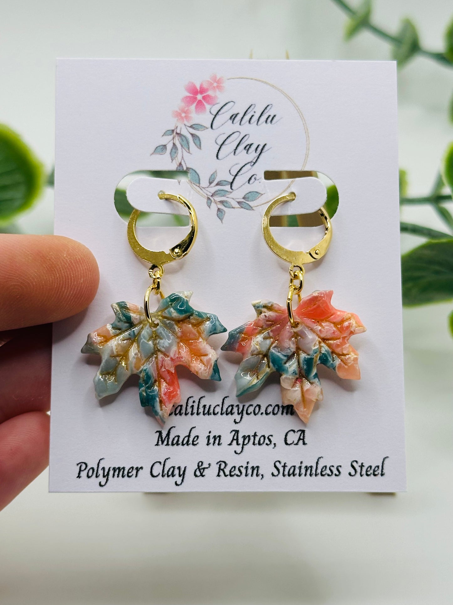 Coral and Jade Marbled Autumn Leaves with Mini Gold Hoops