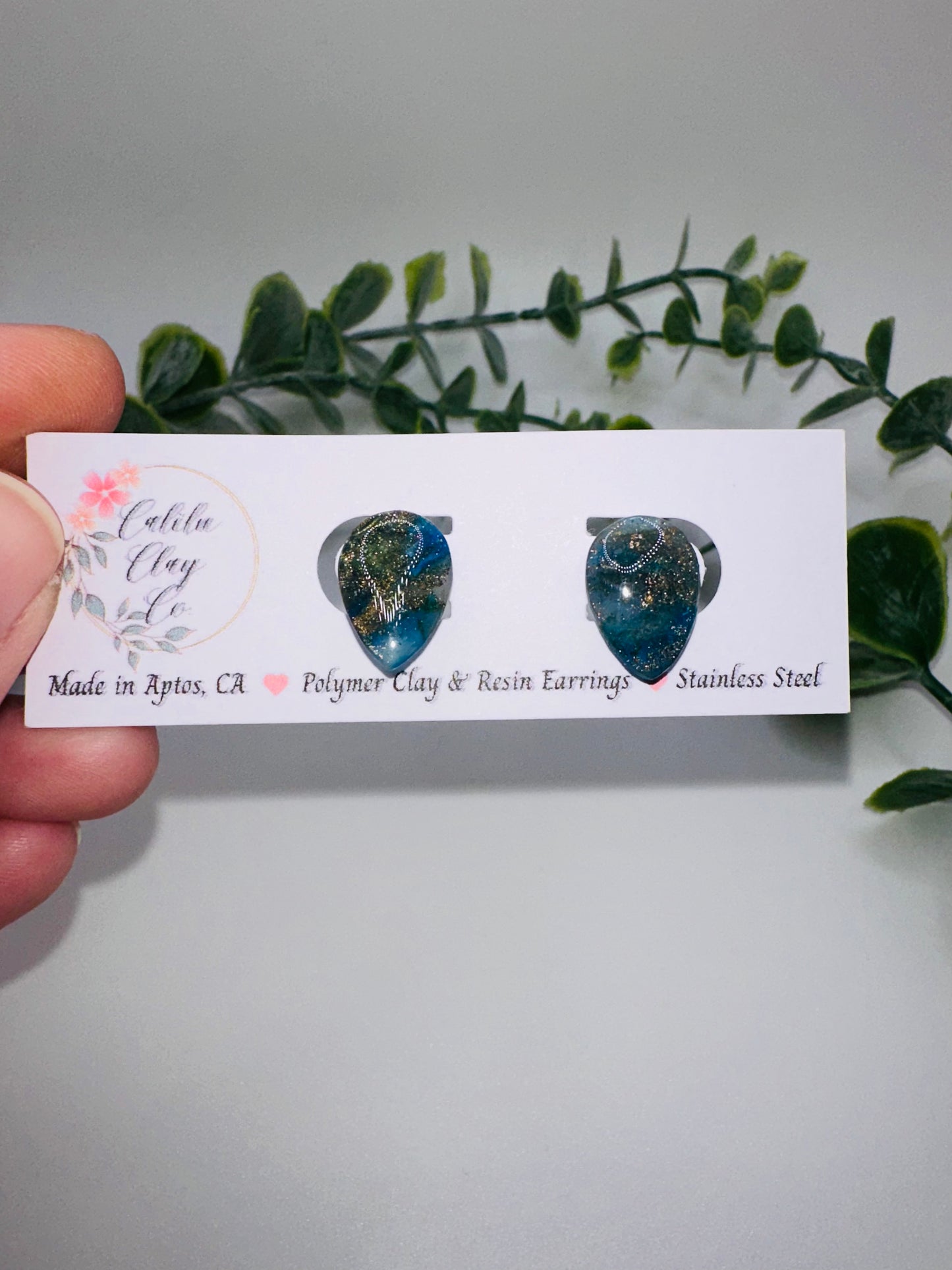 Sparkly Blue and Gold Irridescent Drop Studs / Post Earrings