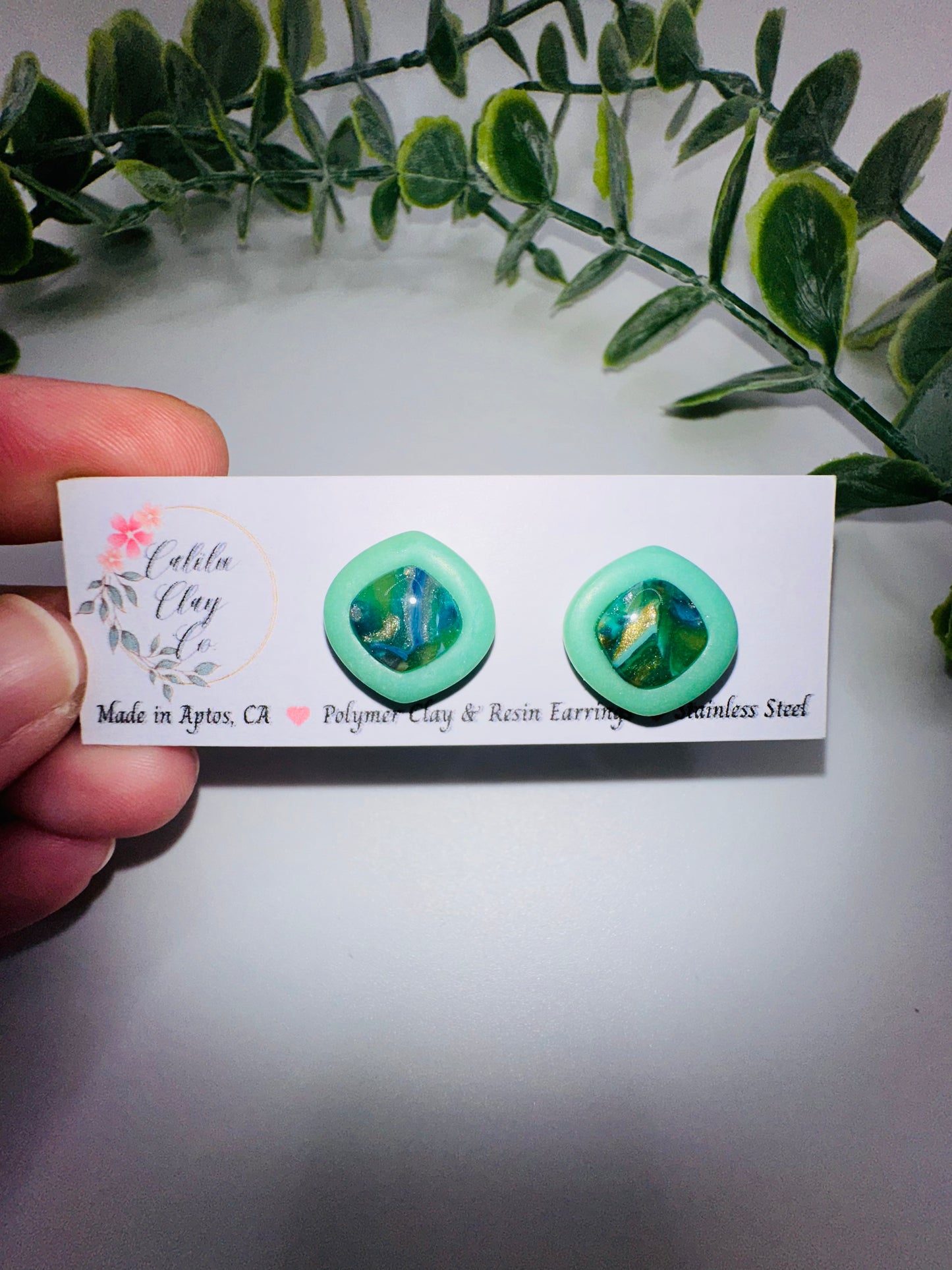 Jade Marbled Round Square Studs / Post Earrings