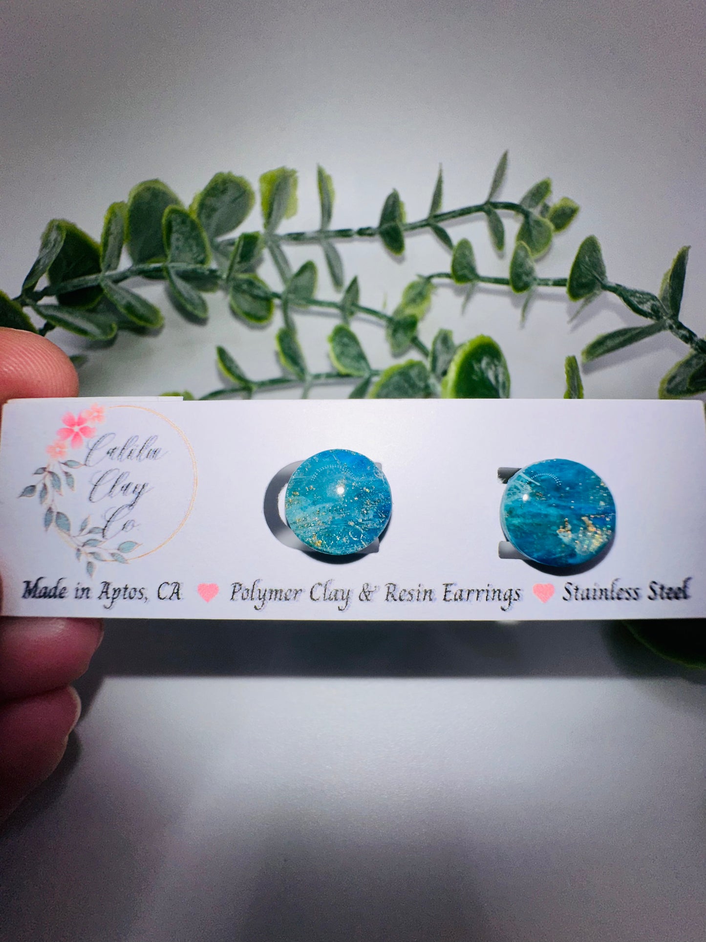 Sparkly Blue and Gold Round Studs / Post Earrings