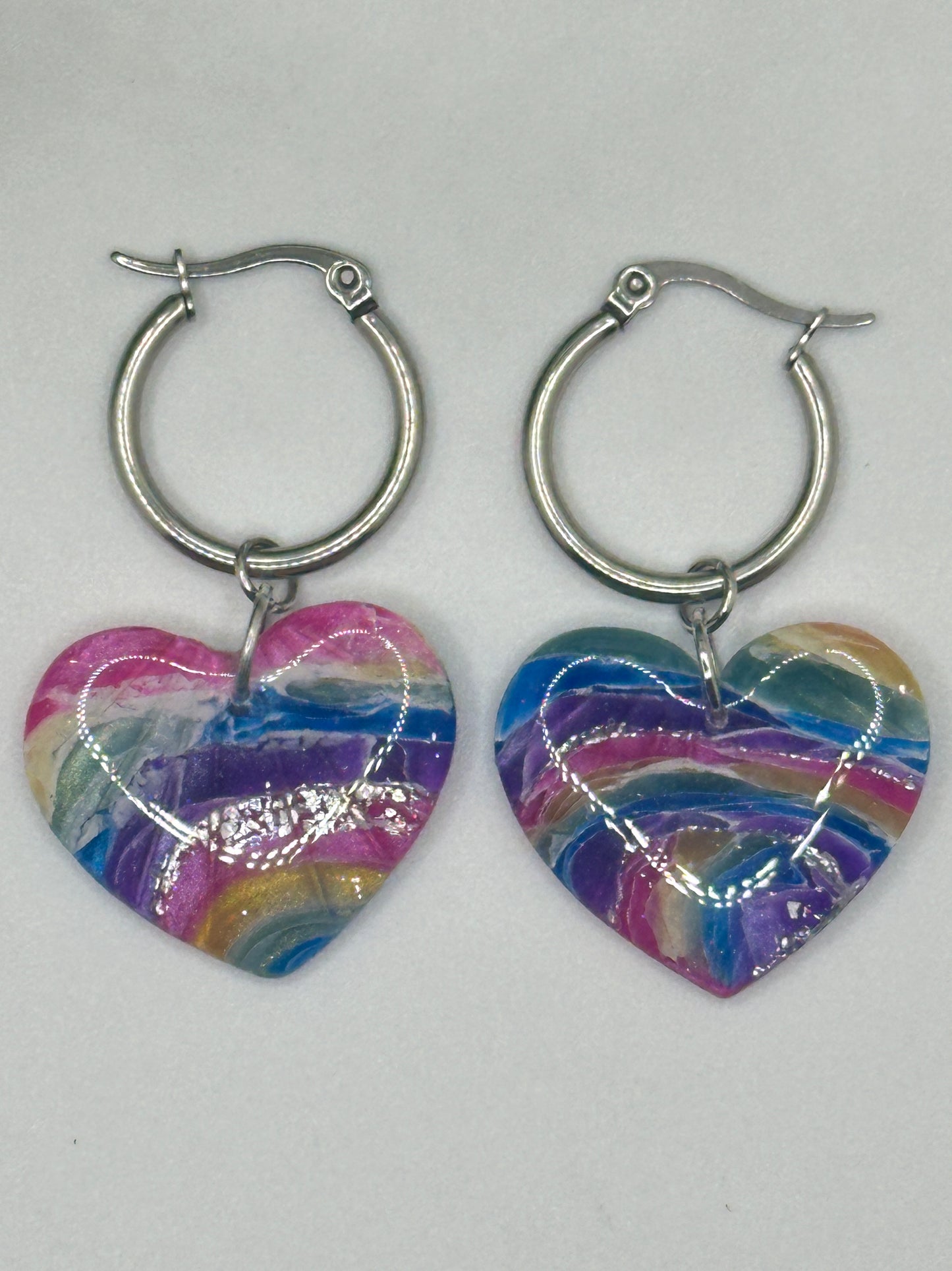 Rainbow Marbled Heart Dangles Earrings