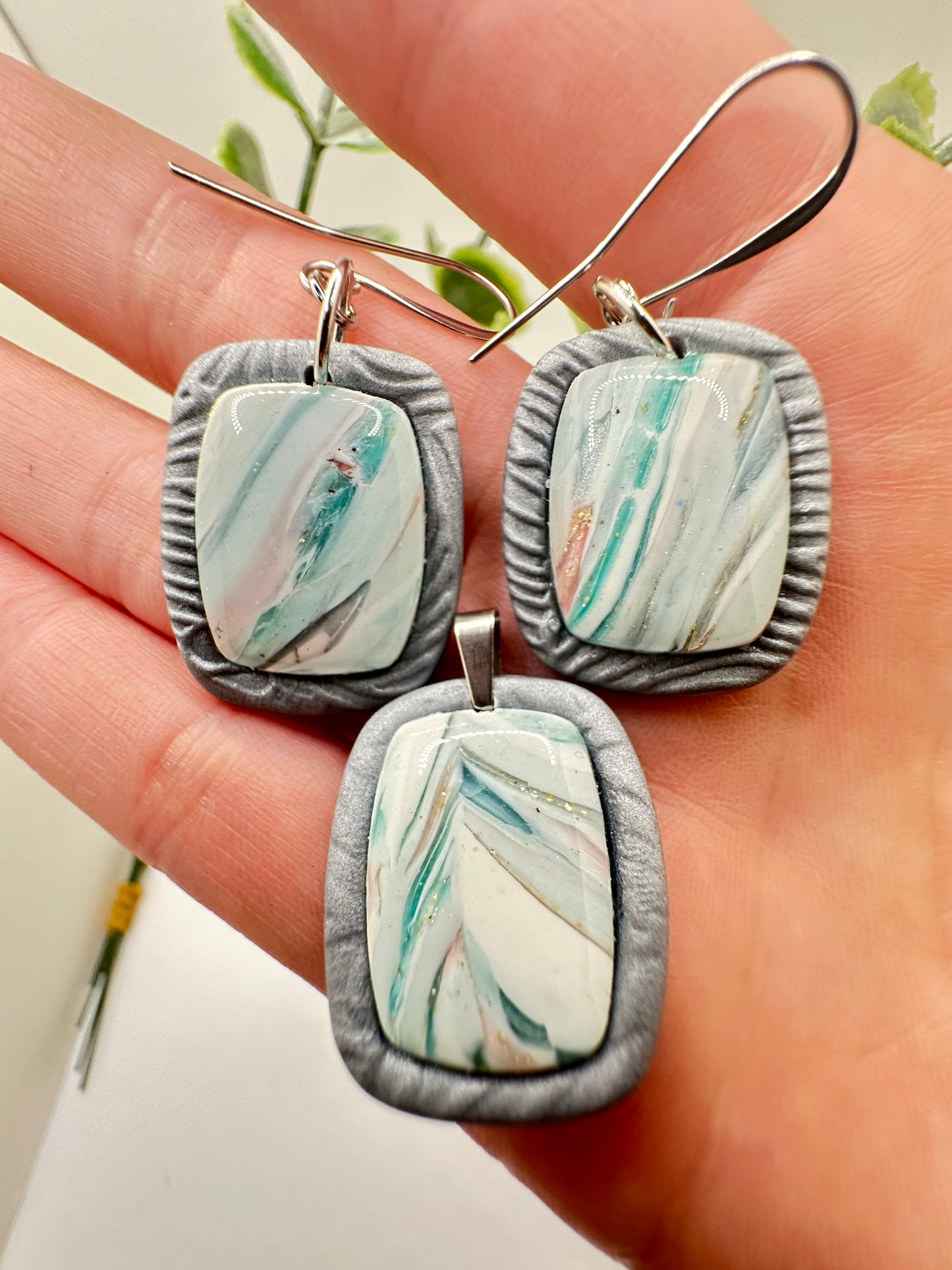Pastel Abstract Marbled Rectangular Drop Dangles Earrings & Necklace Set