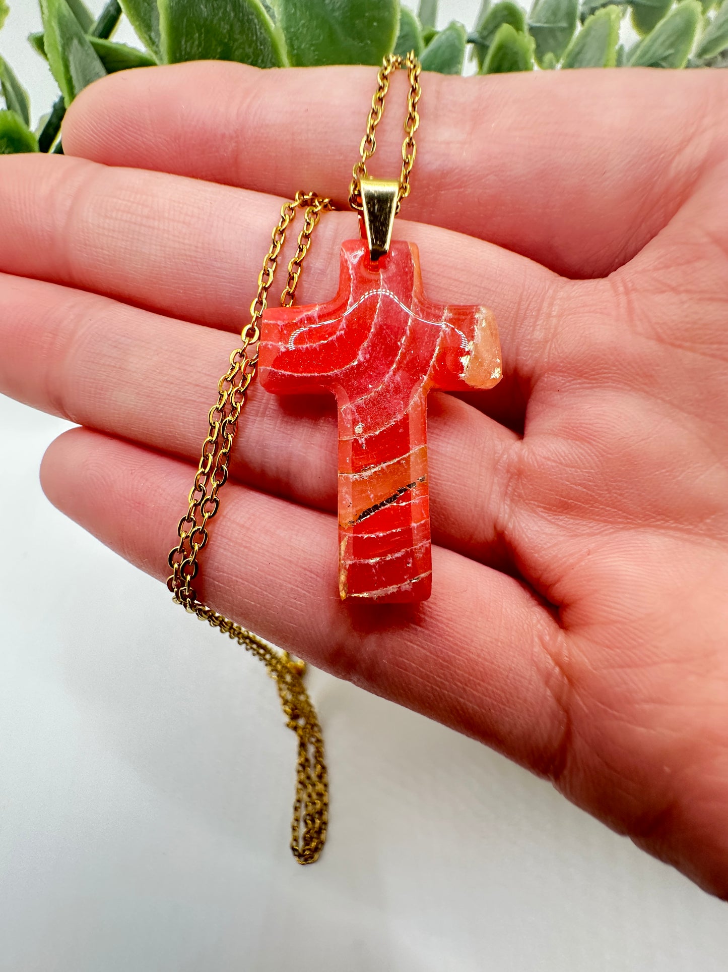 Coral Marbled Cross Necklace