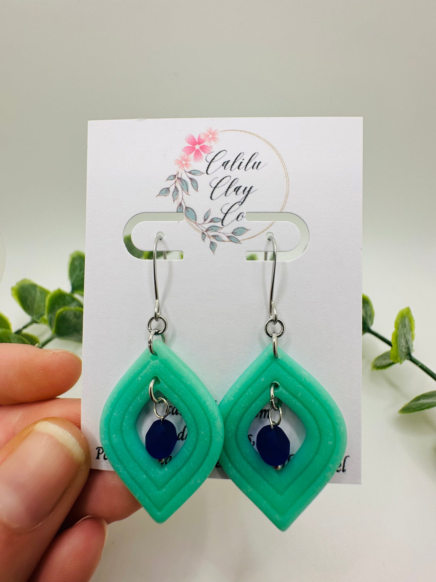 Jade Rounded Diamond Hoop Dangles with Cobalt Czech Glass Beads Dangles