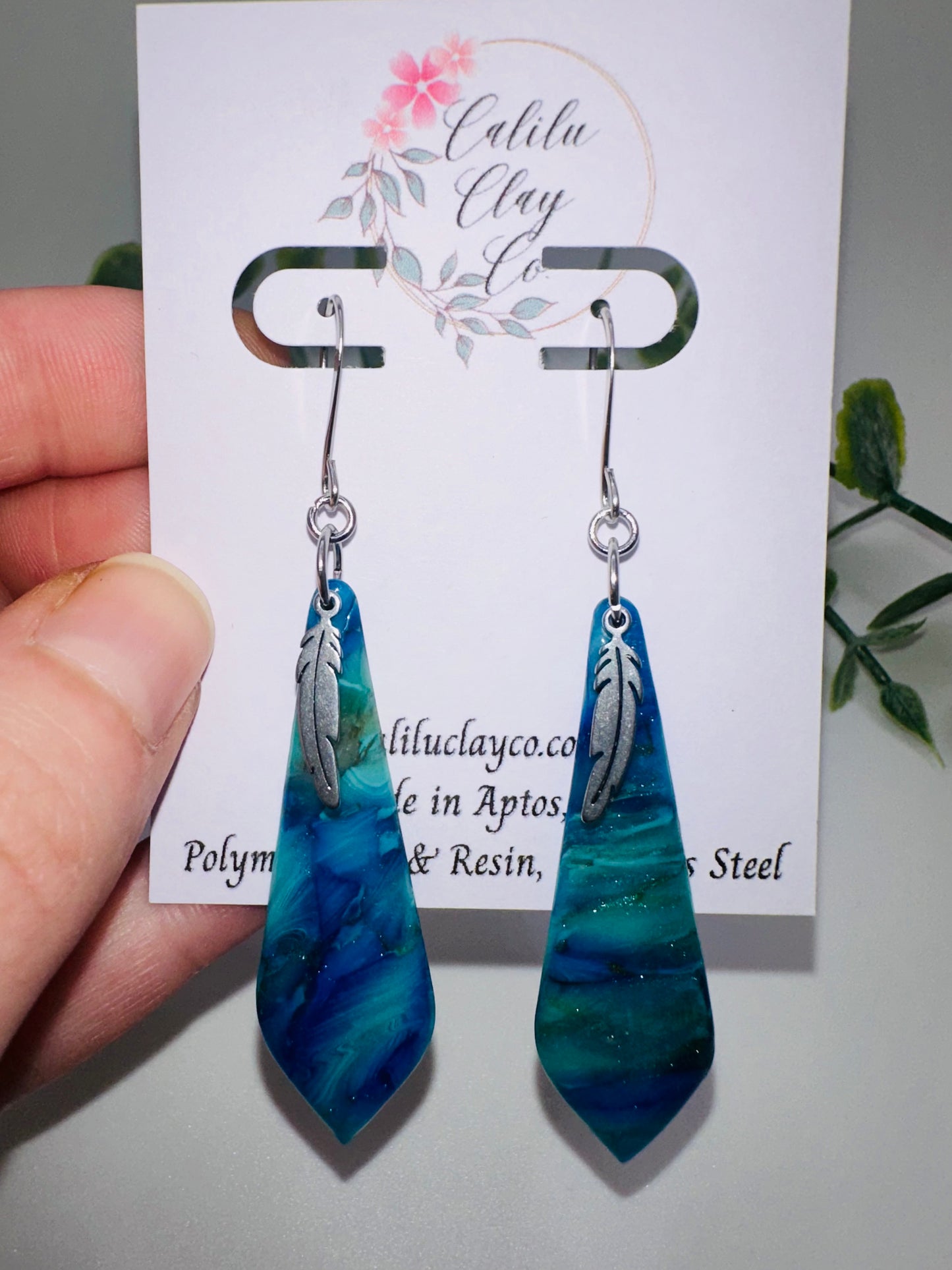 Marbled Ocean with Stainless Steel Feathers Dangle Earrings